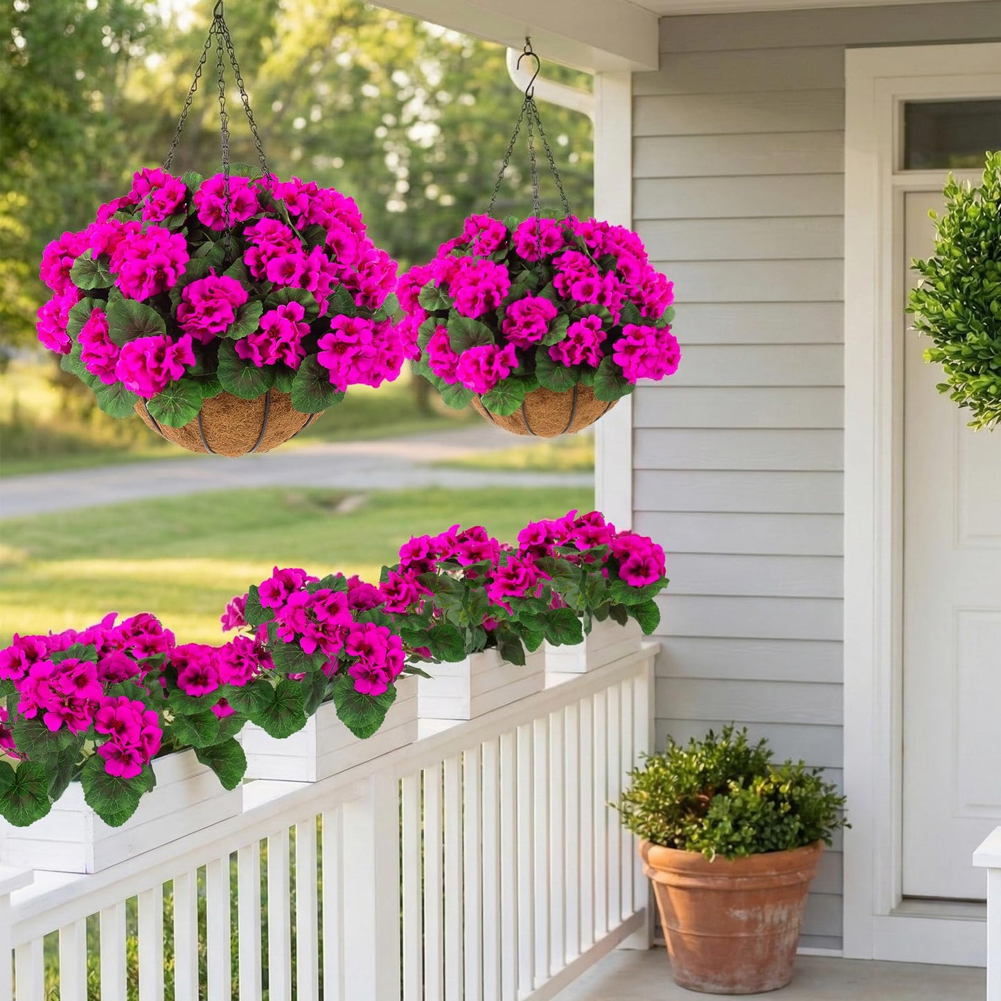 Hananona 2 Set Artificial Outdoor Geraniums Flowers with Hanging Basket, 2 Hanging Planters with 12 Pcs Red Geranium Flowers for Spring Summer Front Porch Garden Patio Home Decor (2, Rose Red)