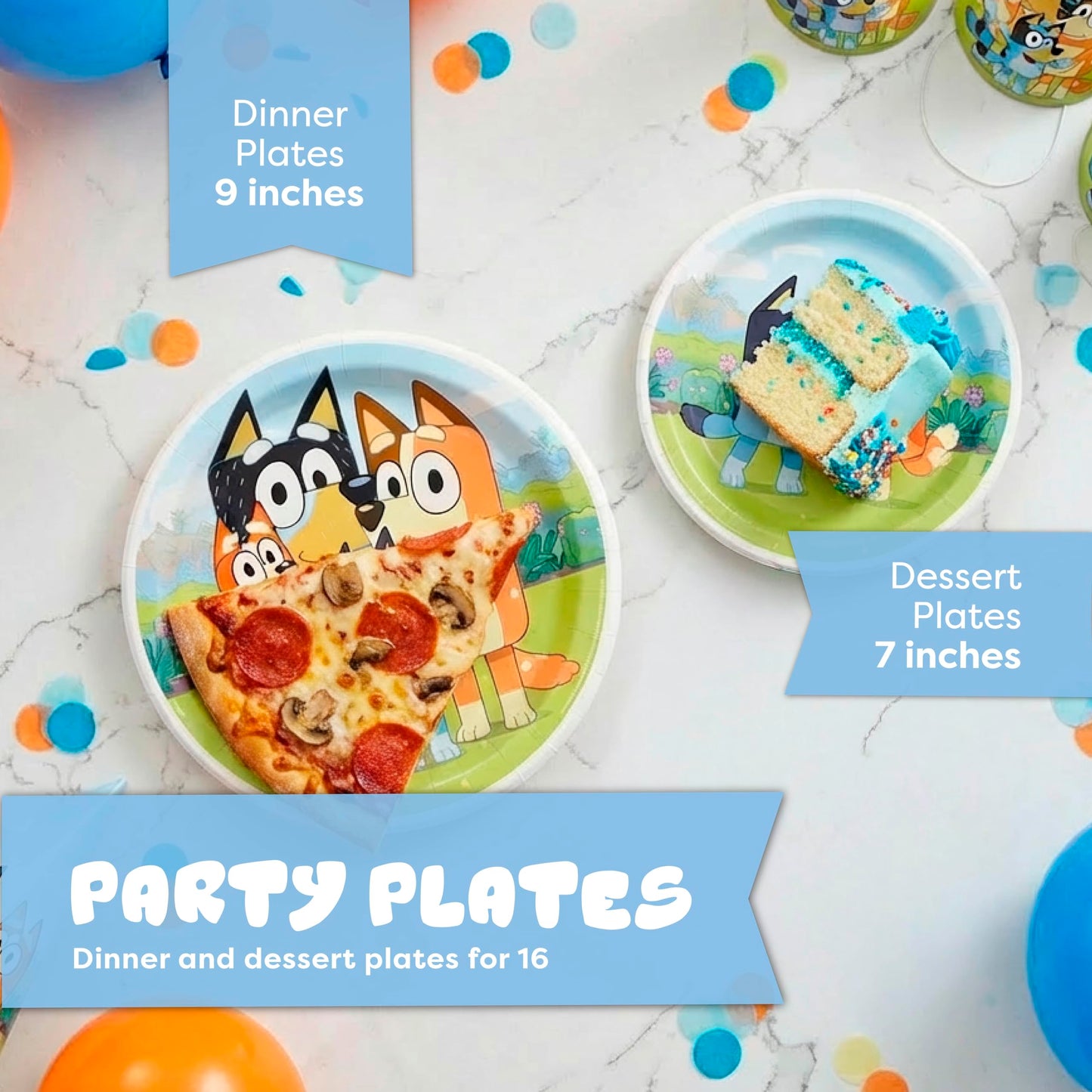 Bluey Birthday Decorations for Party | 16 Dinner Plates, 16 Dessert Plates, 16 Napkins, 16 Cups, 18 Forks | With Sticker | Officially Licensed