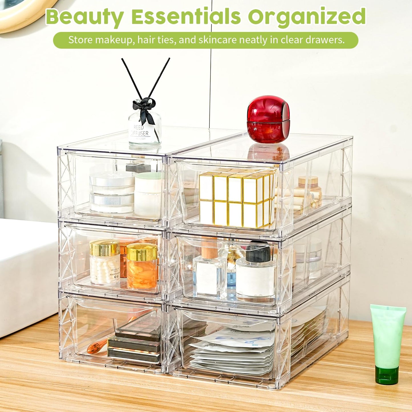 6Pack Acrylic Storage Drawers, Clear Stackable Storage Drawers, Acrylic Storage Bins with Drawers for Fridge Organizers, PlasticDrawers Stackable for Makeup Organizers Cosmetic Display, Medium