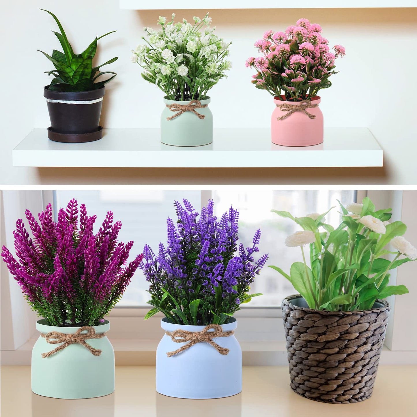 Cindeer 8 Pcs Large Artificial Potted Flowers Fake Potted Plants Plastic Faux Flowers for Home Decor Indoor Artificial Plants in Pots for Wedding Home Desk Tabletop Outdoor Office Kitchen (Romantic)
