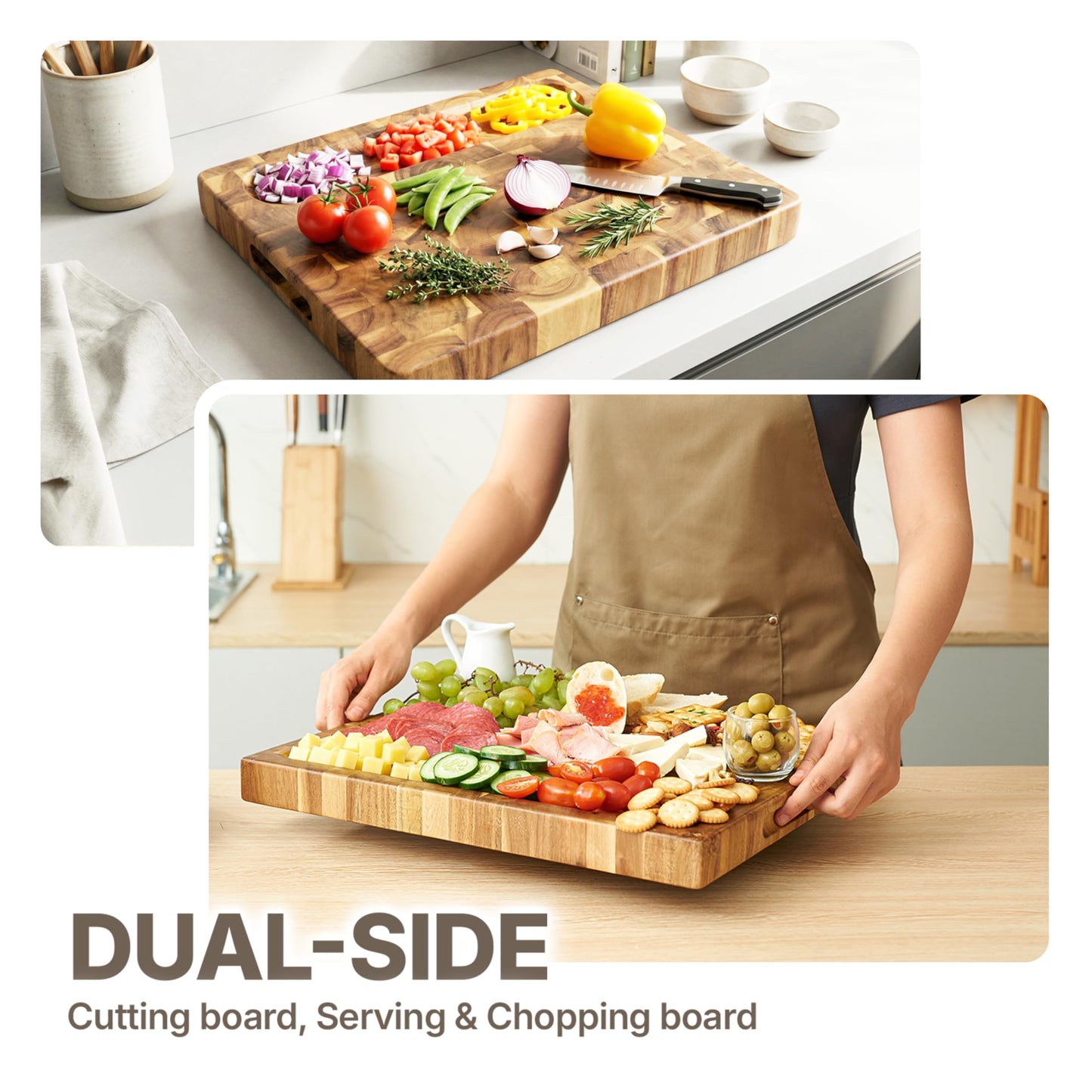 Koppen Acacia Wood End Grain Cutting Board, Knife-Friendly Butcher Block with Juice Groove, Inner Handles, Food Well, Reversible Heavy-Duty Serving & Chopping Board, Gift Box Included, 17 x 13 x 1.5in
