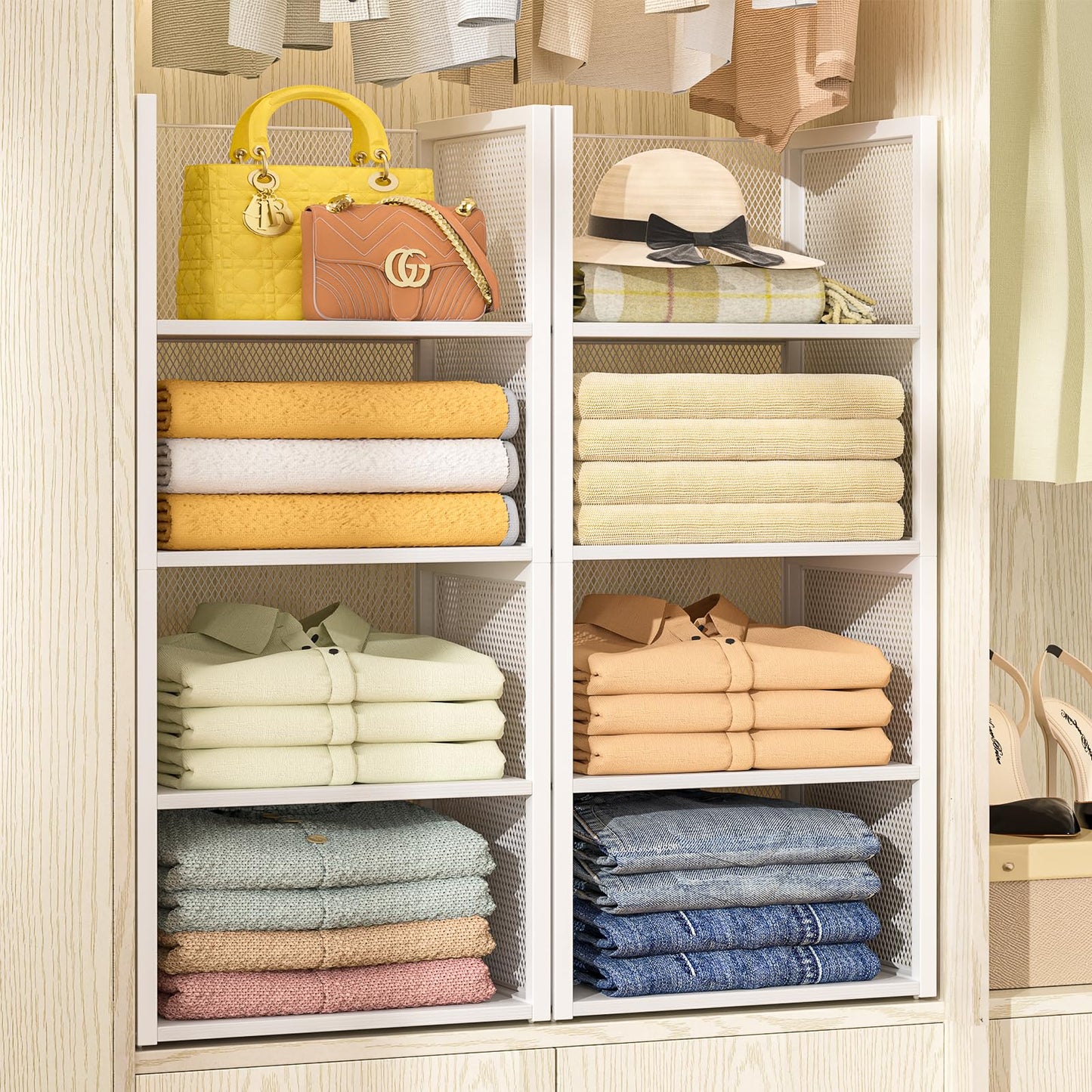 4-Tier Stackable Closet Organizers and Storage Basket, Wire Clothes Shelf Organizer Bins, Sweater Storage for Wardrobe Cupboard, Multifunctional Cube Storage Box for Kitchen Bath Laundry Room, White