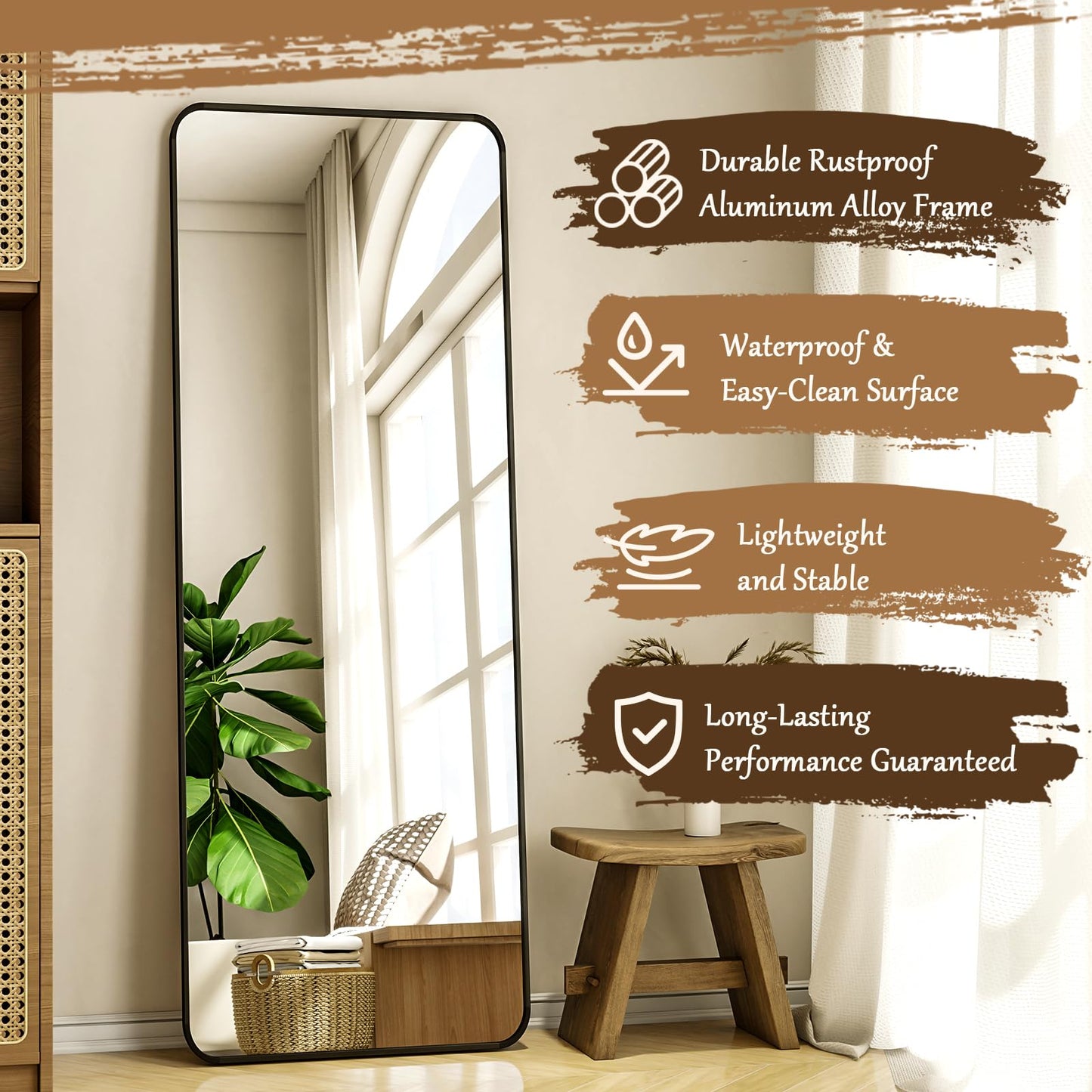 XRAMFY 56"x21" Floor Full Length Mirror Standing Full Body Rounded Corner Rectangle Mirrors with Stand Hanging Wall Mounted Leaning Bedroom Living Room Bedroom Cloakroom,Black
