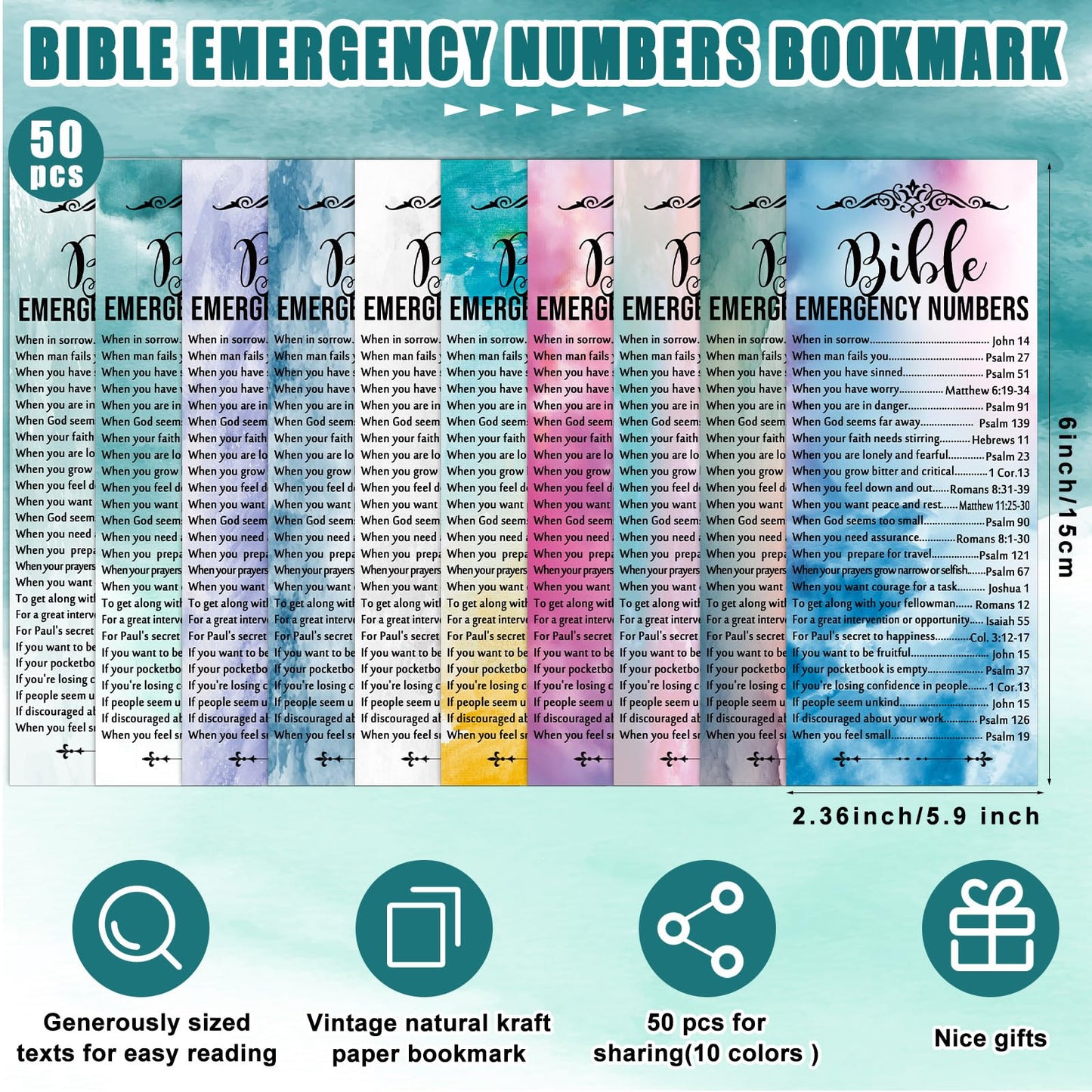 Sinload 50 Set Christian Gift Bulk Bible Emergency Numbers Bookmark with Silicone Keychains Scripture Quote Pen Religious Study Supplies for Father Day Church Bible Study Group (Watercolor)