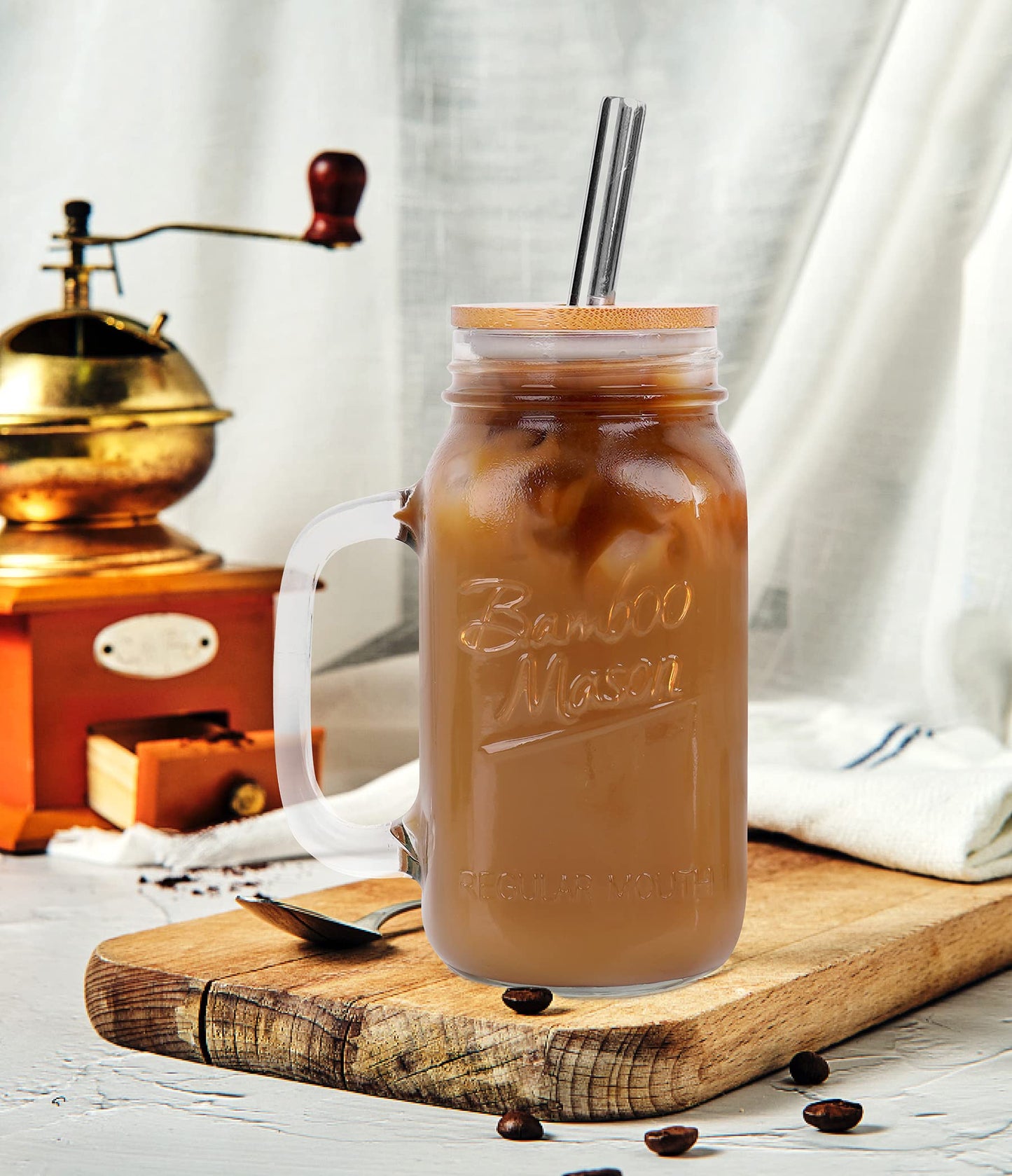 ANOTION Mason Jar with Lid and Straw, 24 oz Regular Mouth Mason Jars with Handle Drinking Glasses Tumbler Reusable Cups Smoothie Water Bottles for Iced Coffee Classic