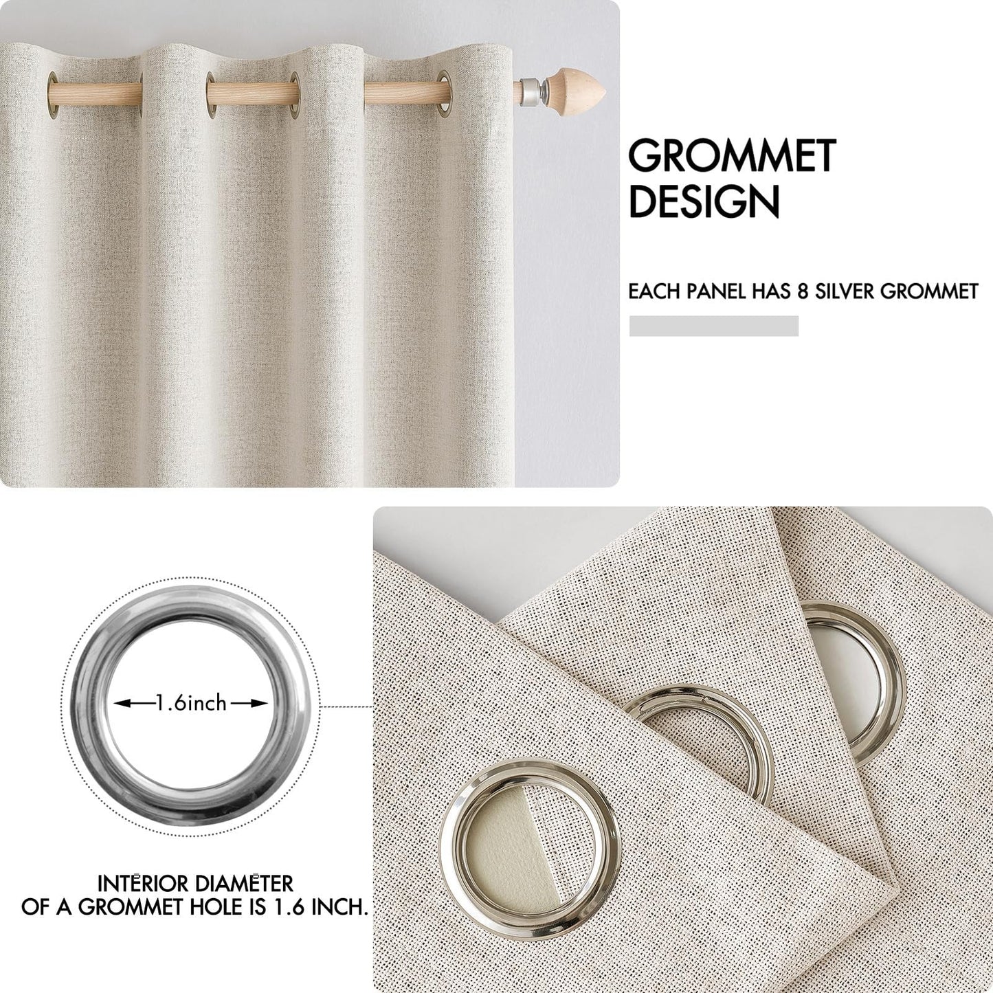 MIULEE 100% Blackout Linen Curtains for Bedroom Thermal Insulated Birch Grommet Room Darkening Curtains & Drapes for Living Room Nursery 52 x 84 Inch (2 Panels)