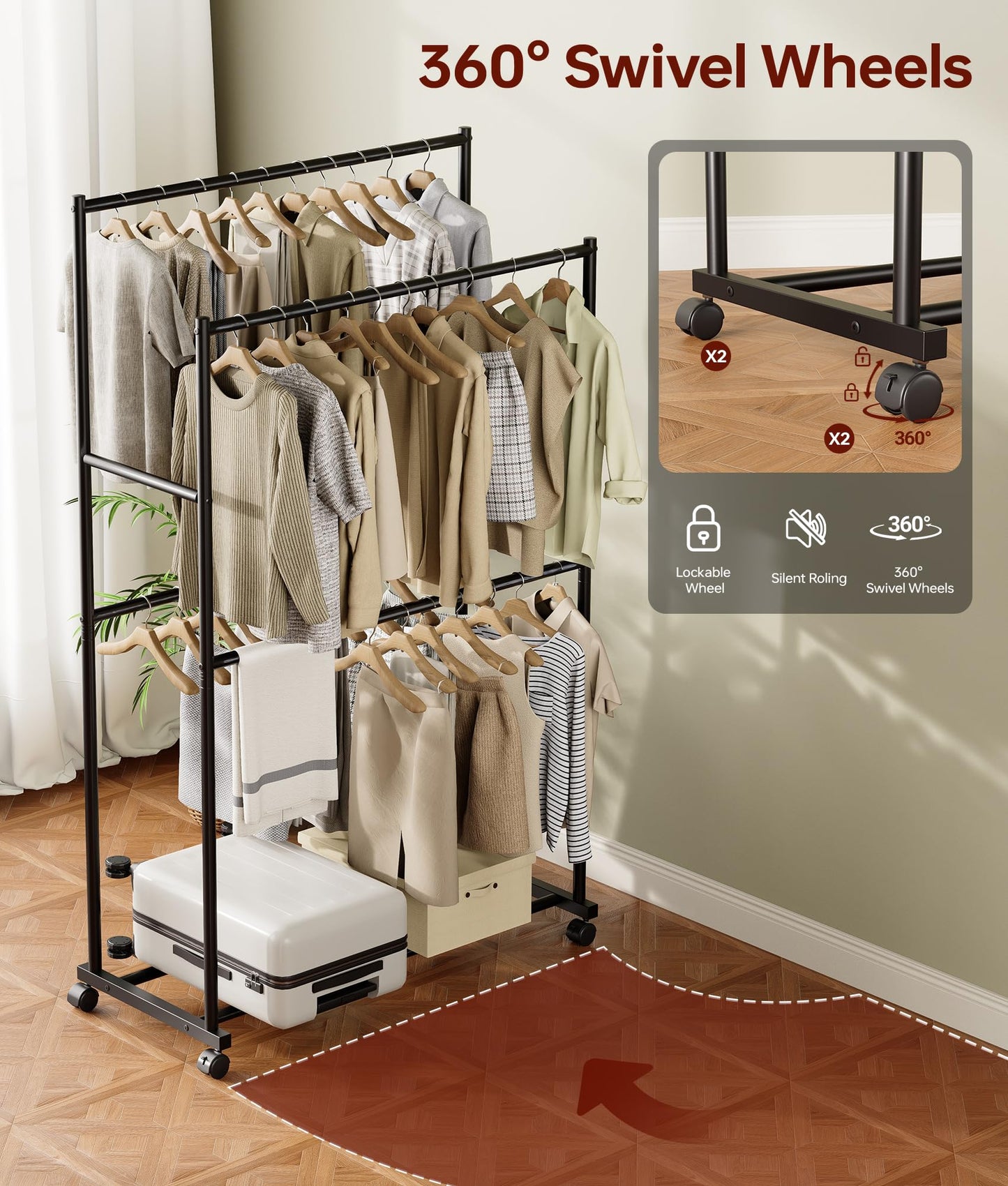 Tujurich Clothes Rack - 36.2" x 21.3" x 72", 4-Bar Double Rod Rolling Metal Clothing Rack for Hanging Clothes, Portable Garment Rack with Wheels for Bedroom Laundry, Closet Wardrobe, Black