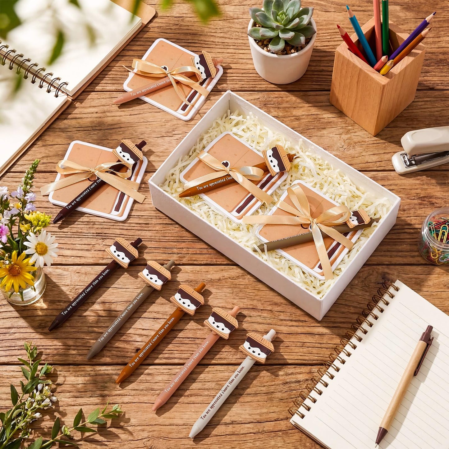 Eaasty 50 Set End of Year Teacher Gift Smore Pen Gifts Bulk Employee Coworker Appreciation Gifts Funny Marshmallow Pens Sticky Notes Thank You Note Pads for Graduation Team Office Supplies