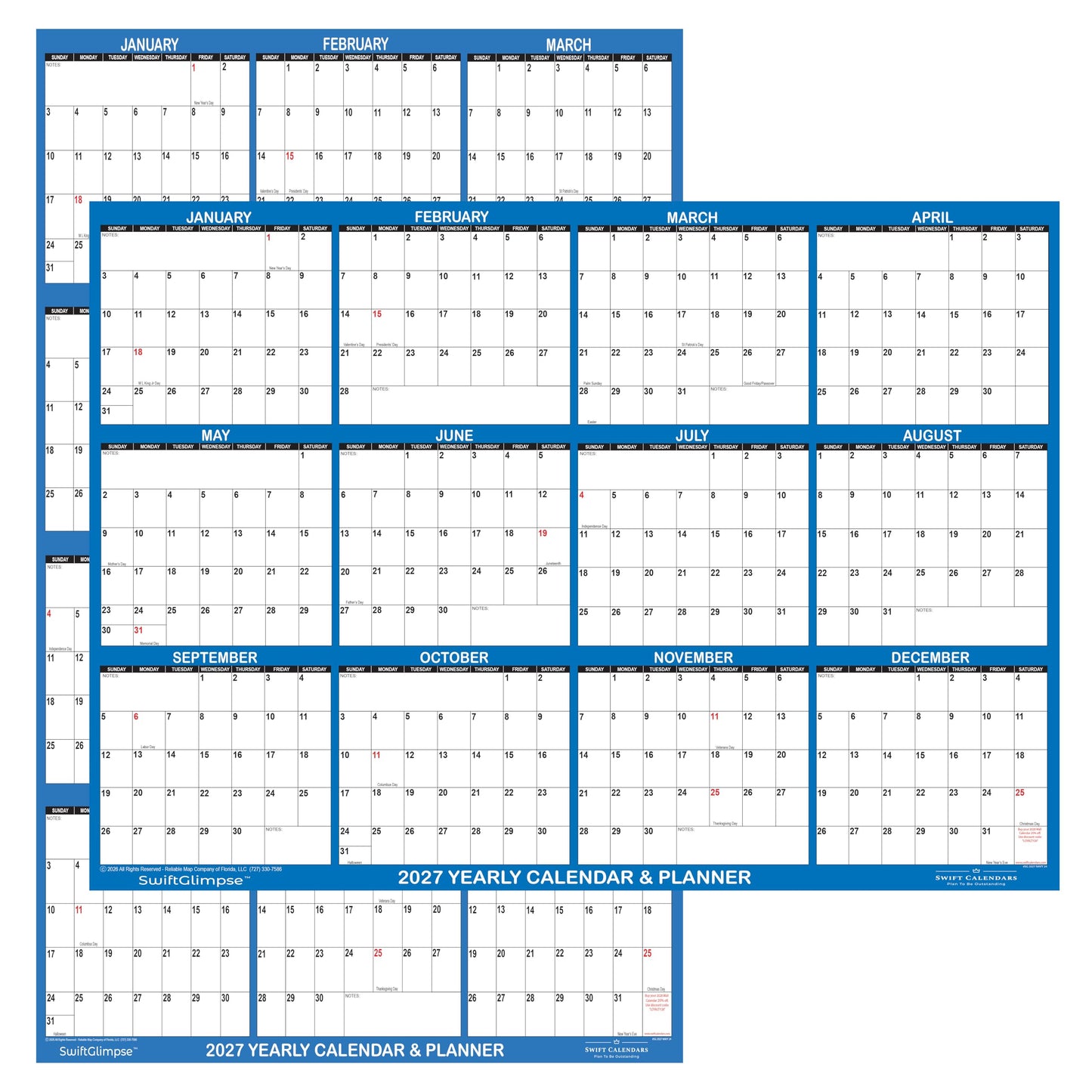32" x 48" SwiftGlimpse 2027 Wall Calendar Erasable XLarge Wet & Dry Erase Laminated 12 Month Annual Yearly Wall Planner, Reversible, Horizontal/Vertical, Dark Blue