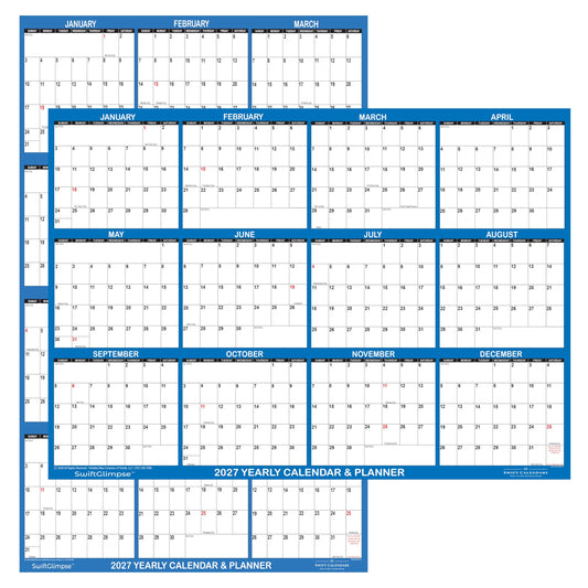 32" x 48" SwiftGlimpse 2027 Wall Calendar Erasable XLarge Wet & Dry Erase Laminated 12 Month Annual Yearly Wall Planner, Reversible, Horizontal/Vertical, Dark Blue