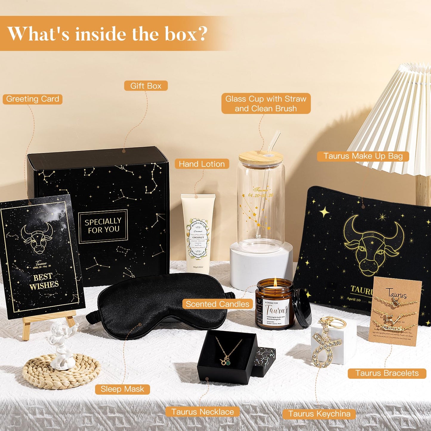 Taurus Birthday Gifts for Women, Taurus Gifts for Women Baskets, Get Well Gifts for Best Friend Sister, Tau Astrological 16 oz Glass Cups Candle with Zodiac Gift Set Box