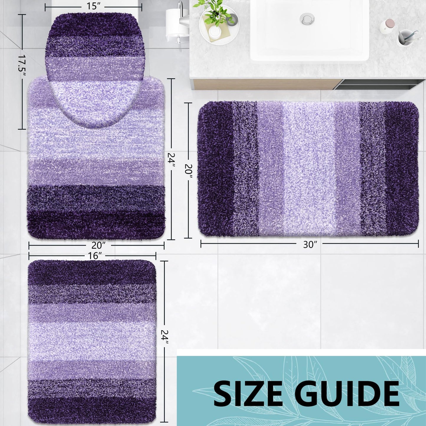 Arotive Microfiber Bathroom Rugs Sets 4 Piece, Extra Soft Absorbent Bath Mats, Machine Wash Dry U-Shaped Contour Rug and Toilet Lid Cover for Bath Tub, Toilet and Shower, Dark Purple