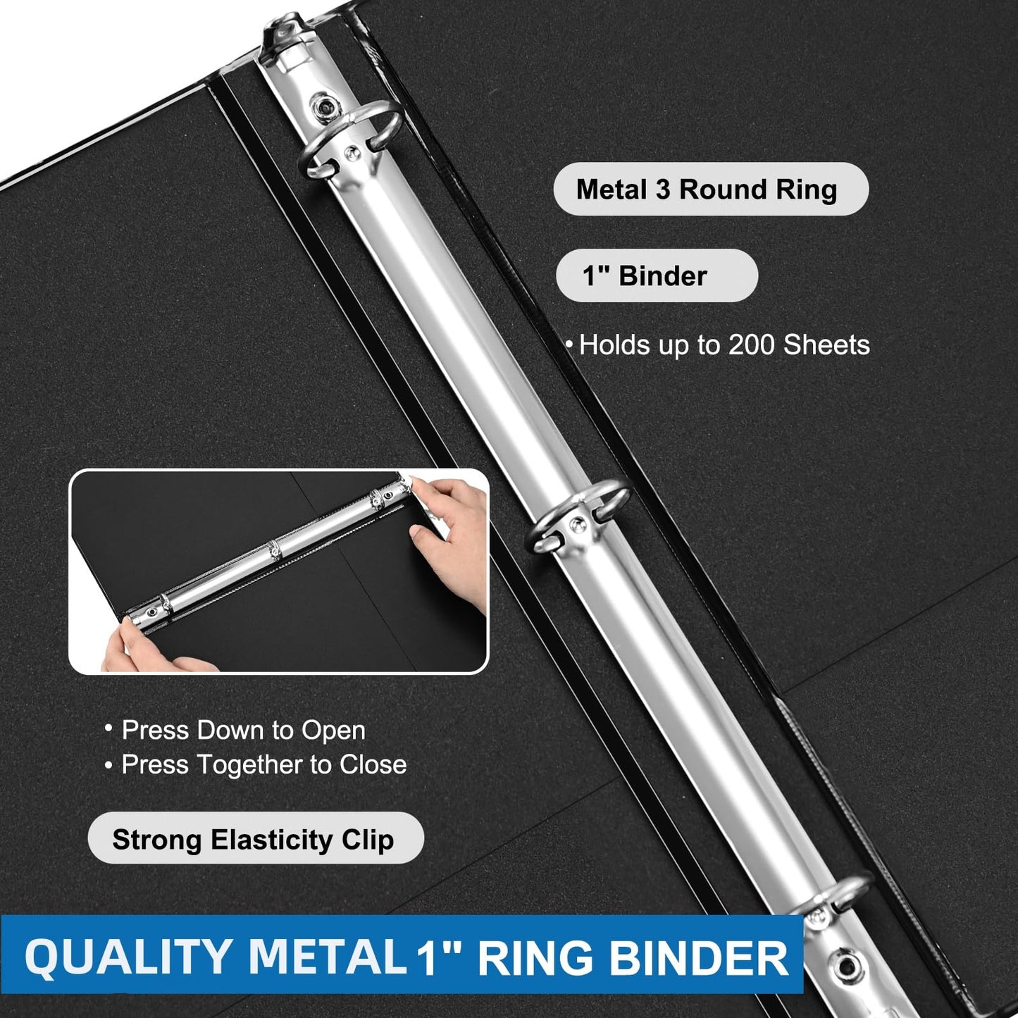 Durable 1 inch 3-Ring Binder, 1" Round Ring Binder with 2 Inside Pockets, Bulk Basic Binders, Clear View Cover 1-inch Binders Holds 8.5'' x 11''Paper for Office/Home/Back to School（Pack of 12, Black