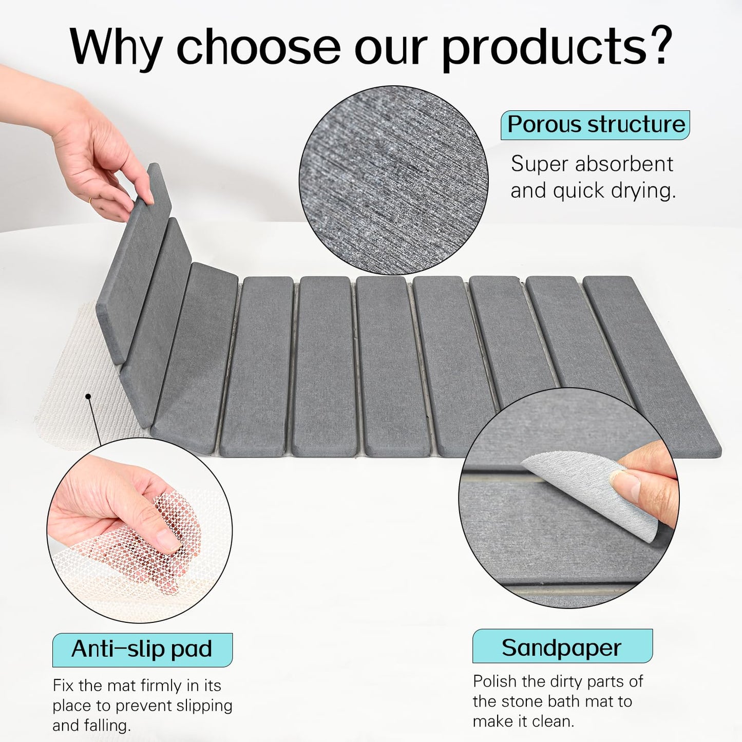 Cuckan 2 Pack Foldable Stone Bath Mats for Bathroom Super Absorbent Diatomaceous Earth Bath Mat Quick Dry Bath Rug Drying Mats with Non Slip Shower Rug Tub Shower Mat