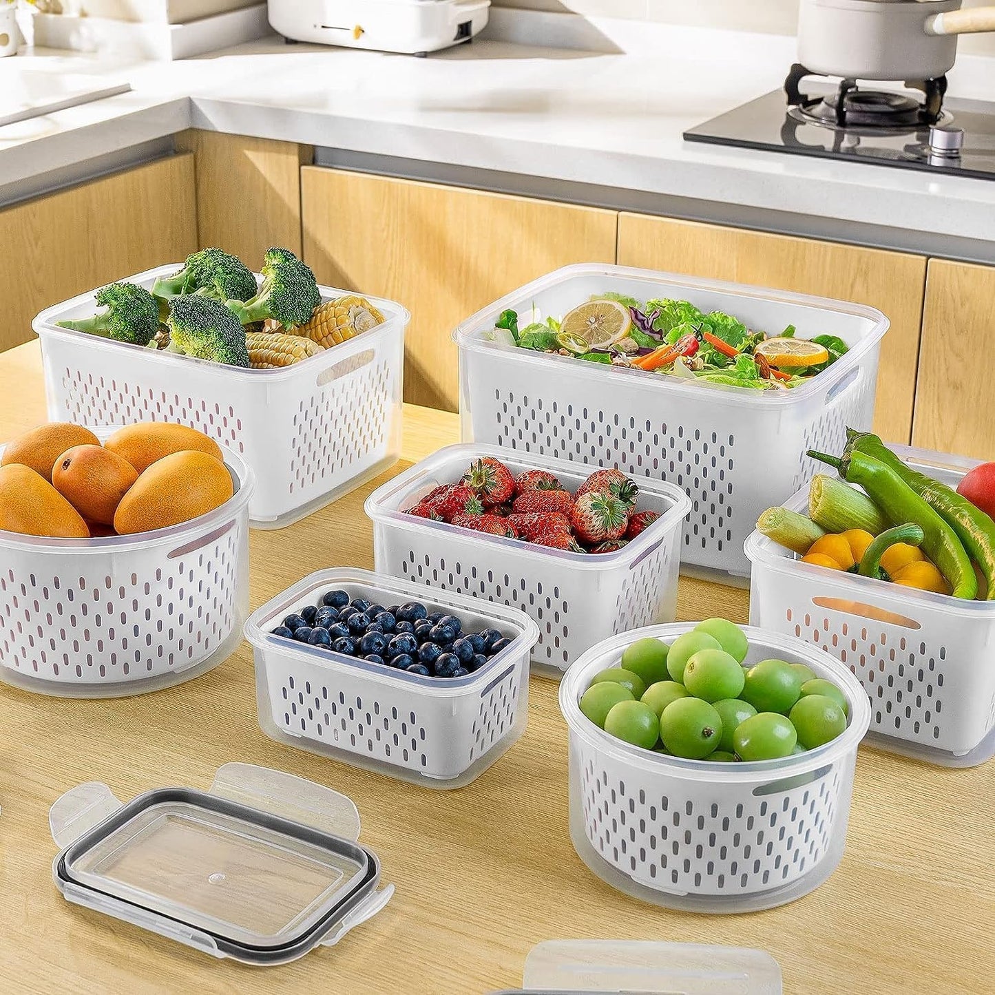 Freshmage Fruit Storage Containers for Fridge with Removable Colander, Airtight Food Storage Container, Dishwasher Safe Produce Saver for Refrigerator, Keep Berry Fruit Fresh Longer 8 pcs Small Clear