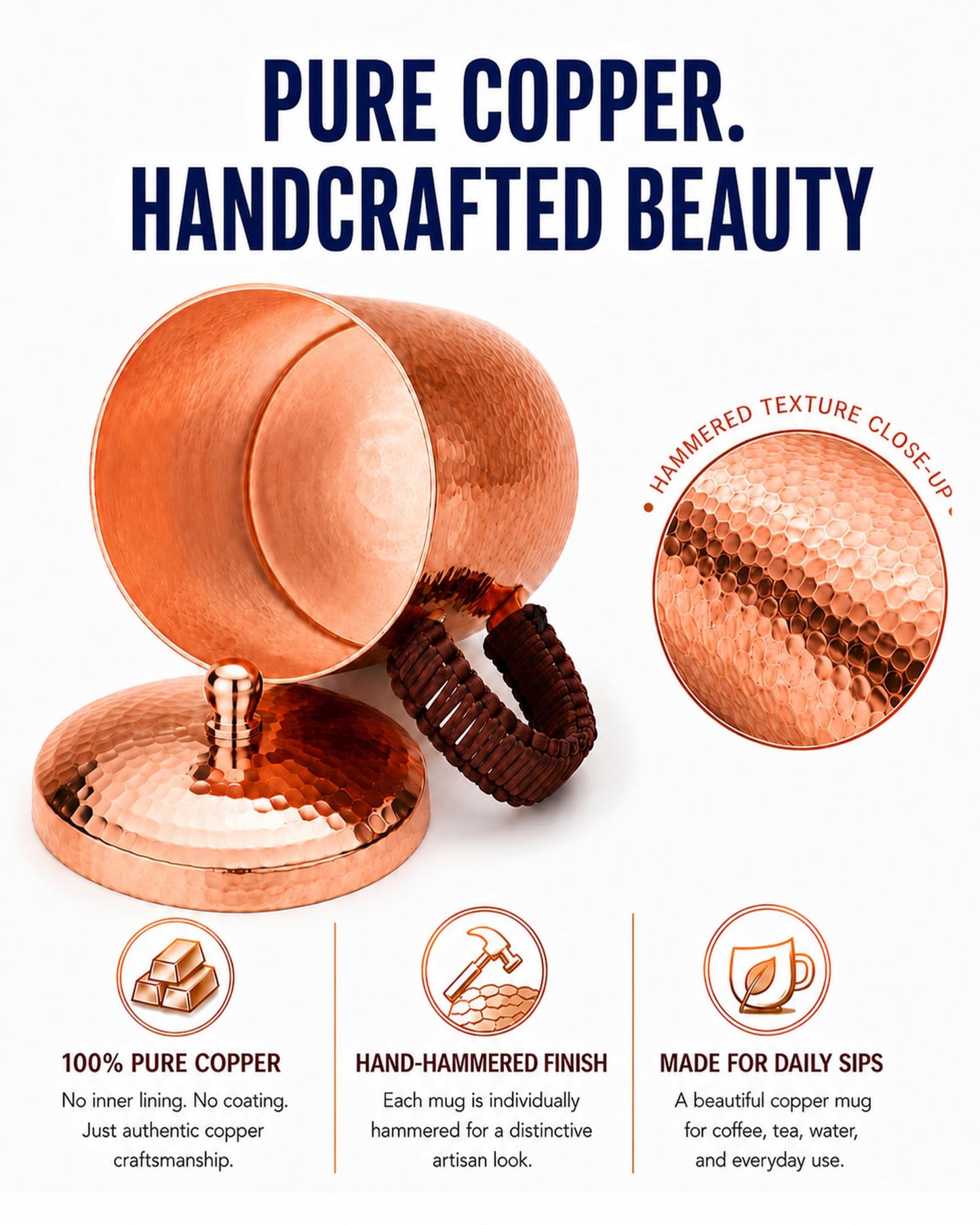 CigeZaus 18.6oz Pure Copper Mug with Lid – Hand-Hammered Solid Copper Tumbler for Drinking Water, Detox & Wellness – Ayurvedic Gift for Yoga, Meditation, or Camping