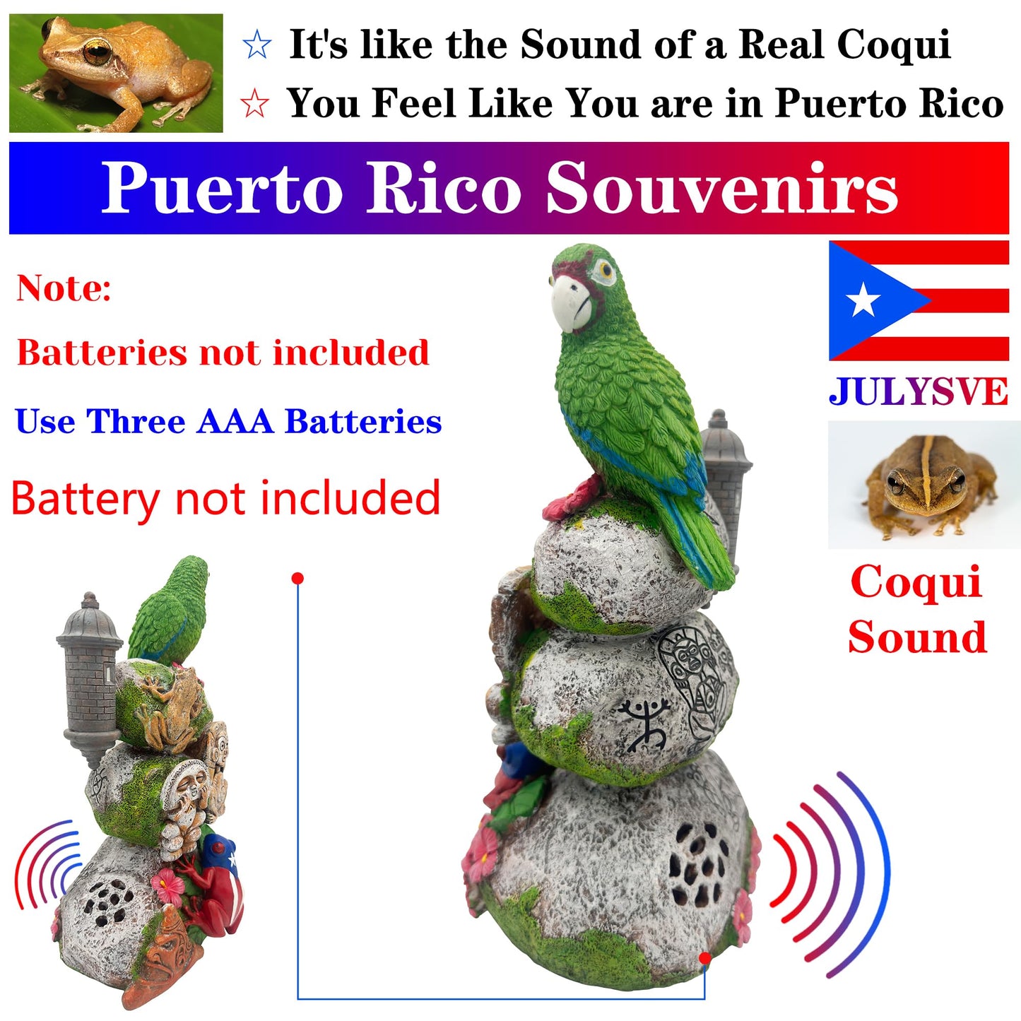 JULYSVE Limited Edition Puerto Rico Souvenirs, Puerto Rican Souvenir with Coqui Sound, Boricua Themed Taíno Zemis Atabey, Yúcahu, Moon Goddess, Puerto Rican Parrot & Old San Juan Garita Morr Taino Art