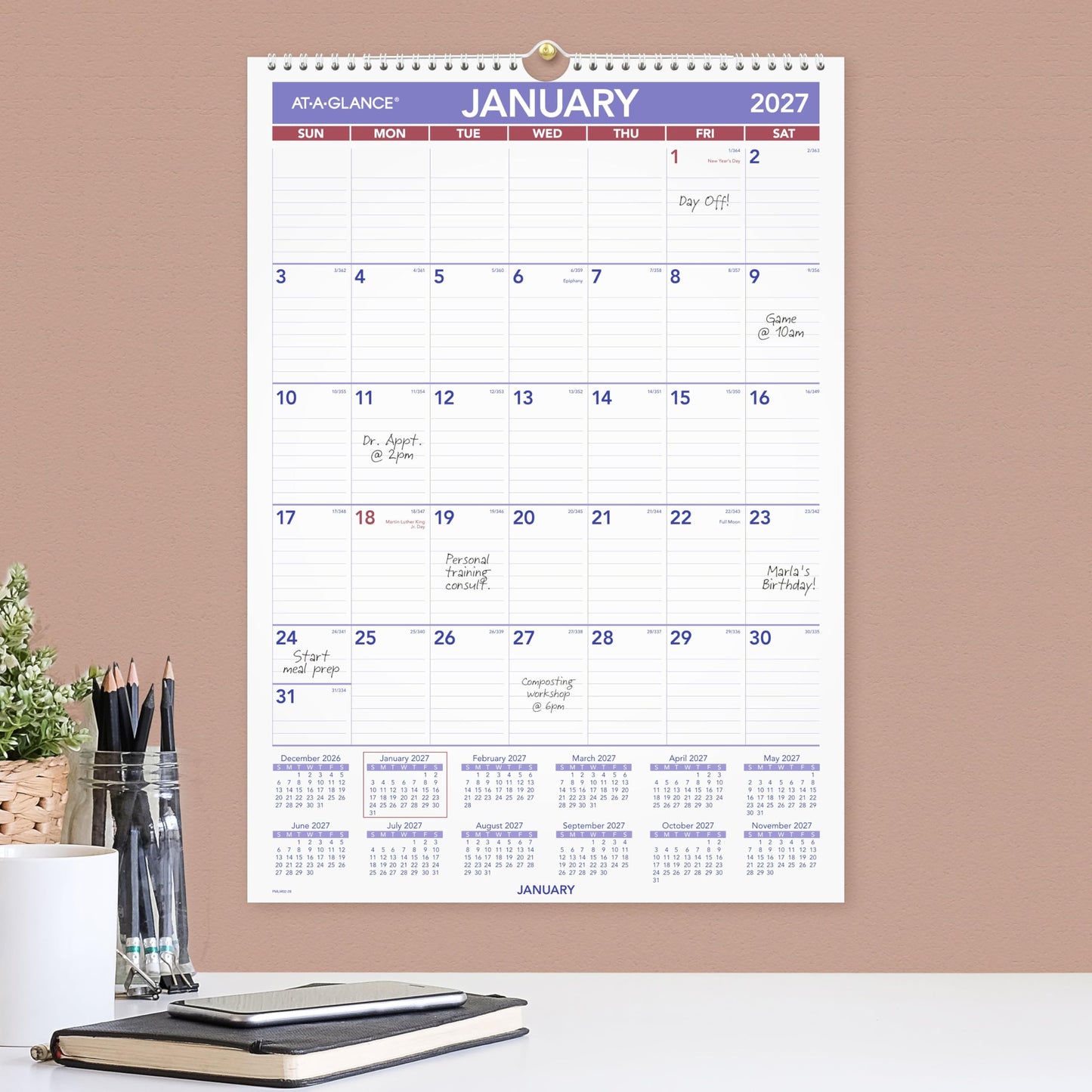 AT-A-GLANCE 2027 Erasable Calendar, Dry Erase Wall Planner, 12" x 17", Monthly, Marker Included (PMLM022827)