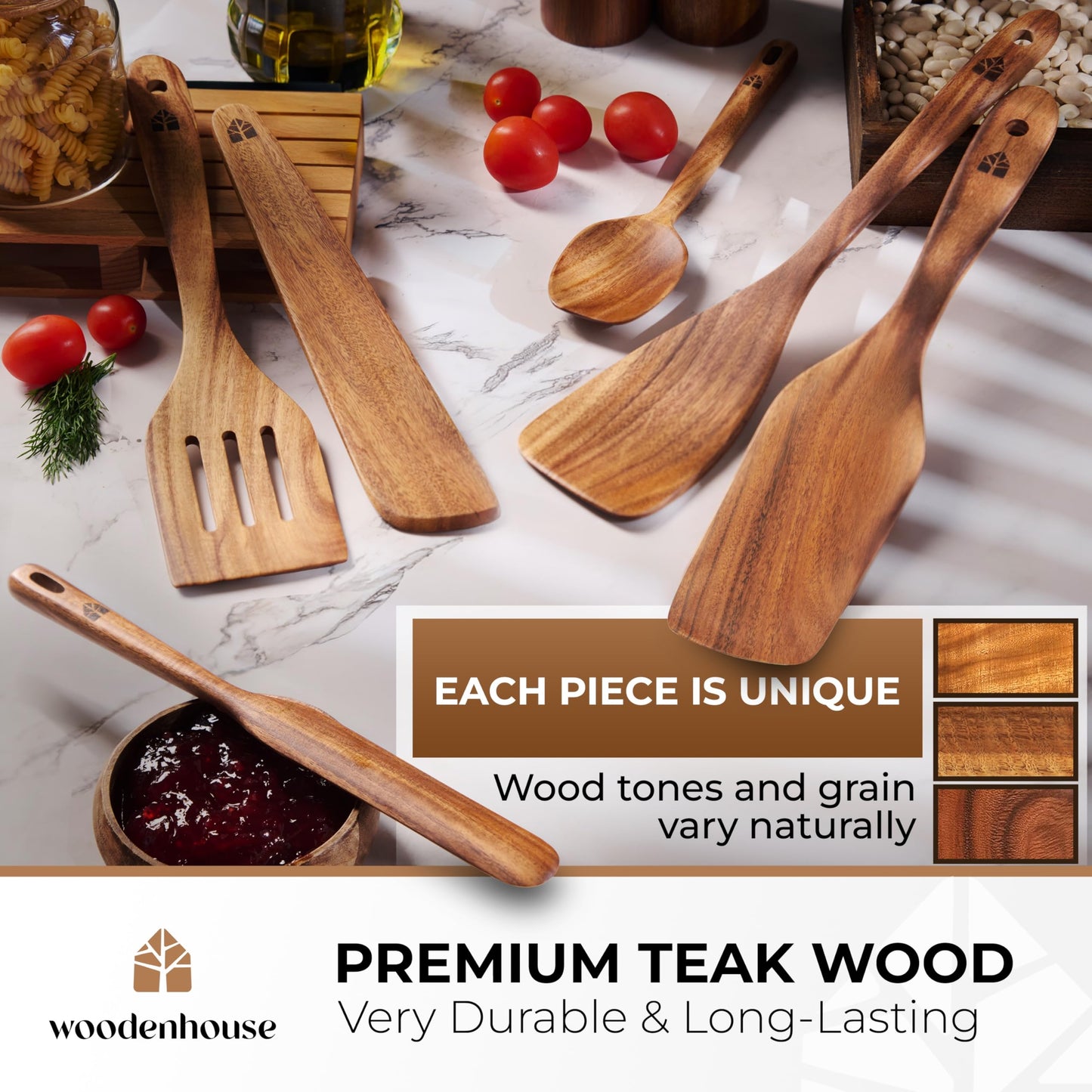Wooden Spatula for Cooking - Non-Scratch, Sturdy, Natural Teak Cooking Utensils - Easy to Clean Wooden Spatula Set with Turner, Scraper, Slotted & Frying Wood Spatulas, Jar Scraper, Spoonula - 6 Pcs
