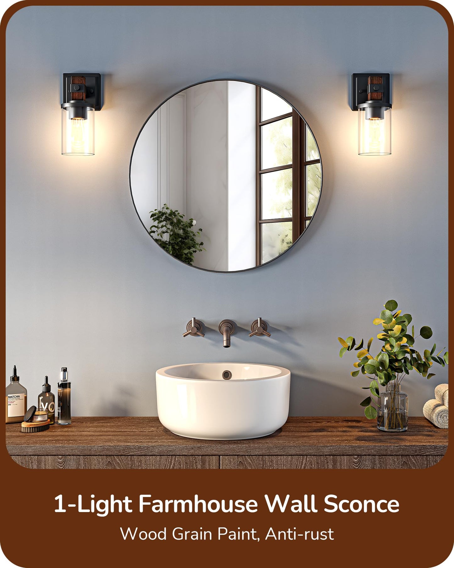 EDISHINE Wall Sconces Set of 2, Farmhouse Vanity Light Fixtures with Clear Glass Shade & Dark Brown Wood Grain Paint, 1-Light Wall Mount Lamp for Bathroom, Hallway, Living Room, Mirror, Kitchen