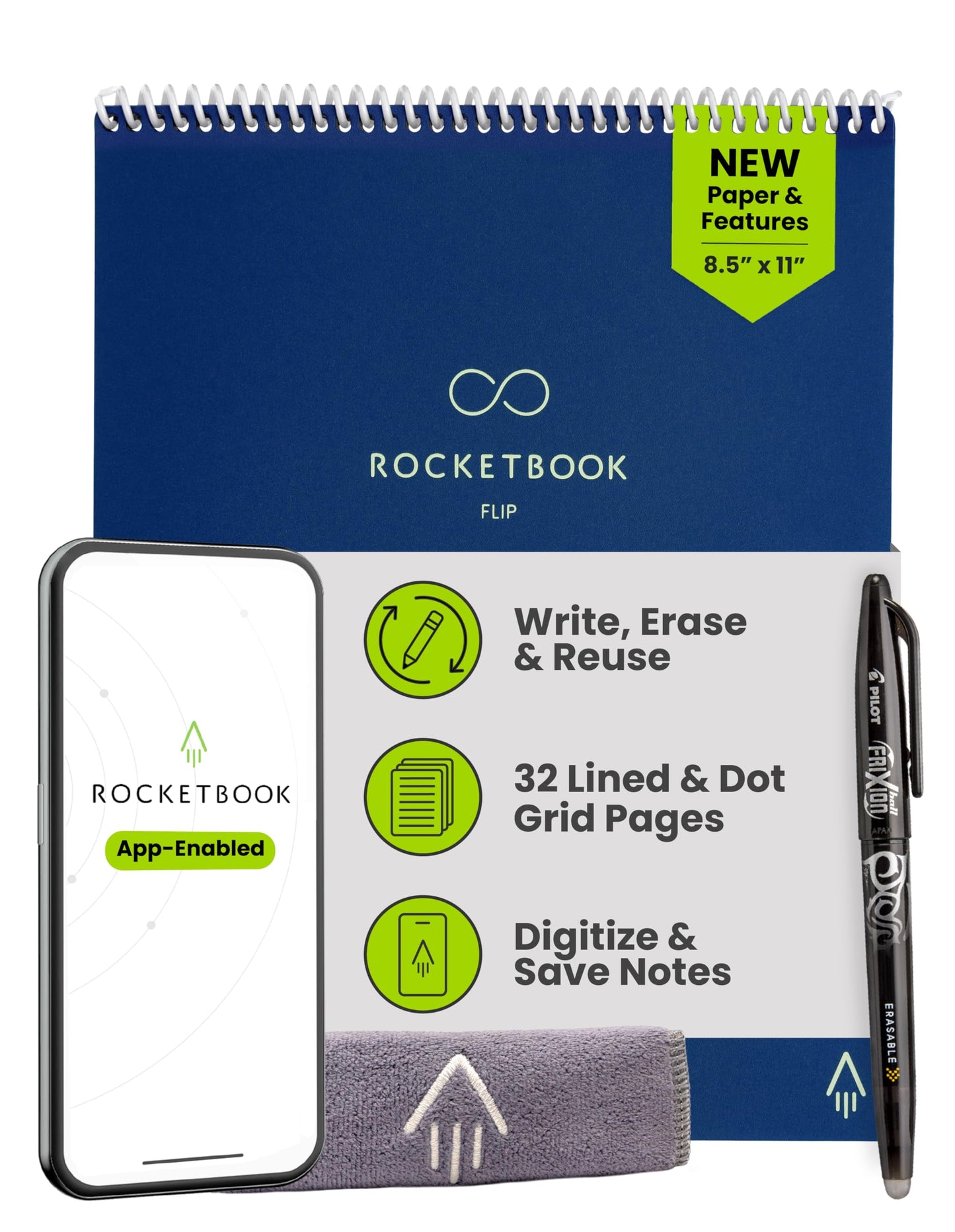 Rocketbook Flip Reusable Smart Notepad, Top Bound Spiral Notebook Lined and Dotted Pages Letter Size 8.5x11, Premium, Navy Blue (Pack of 1)