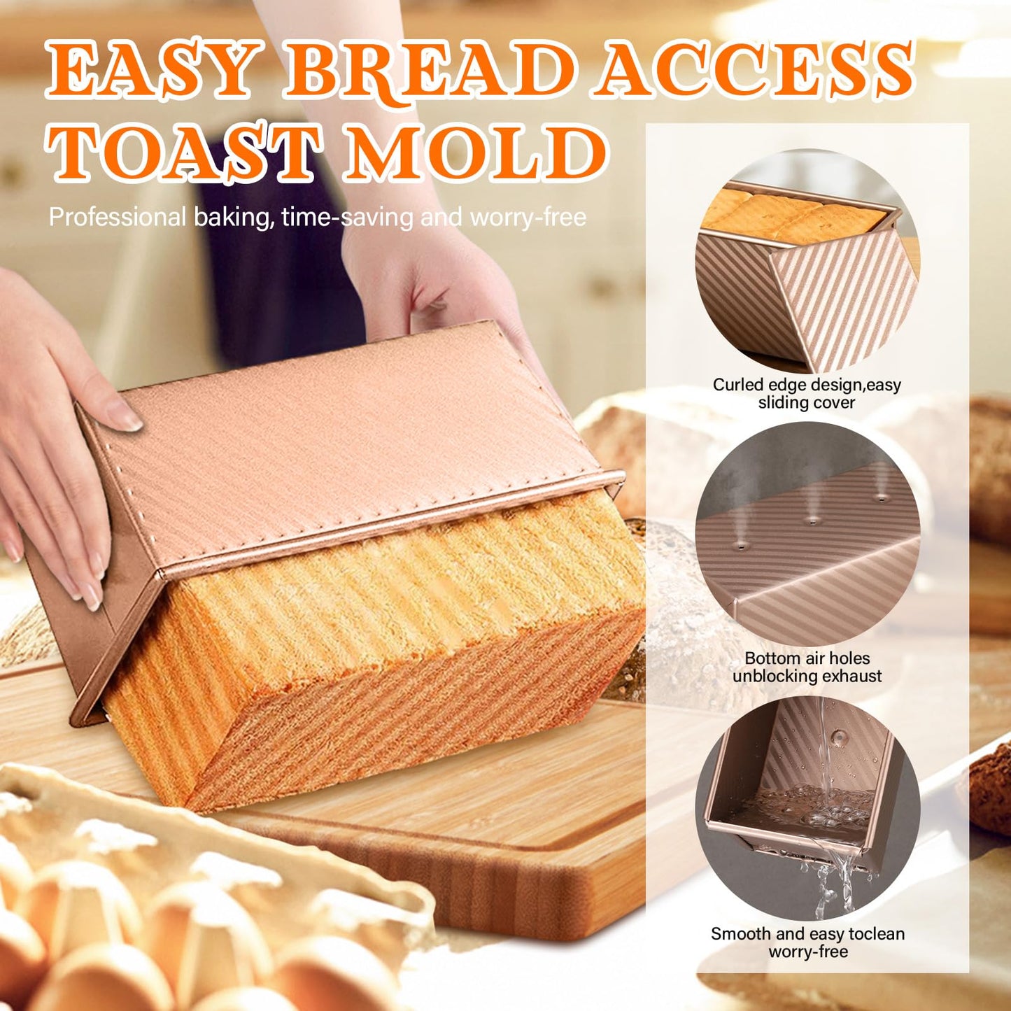 YIWSKJ 3-Pack Bread Pan with Lids, 2.2LB & 1LB & 1LB Dough Capacity, Non-Stick Carbon Steel Pullman Loaf Pan for Baking, Professional Toast Box Mold with Baking Tools - Gold