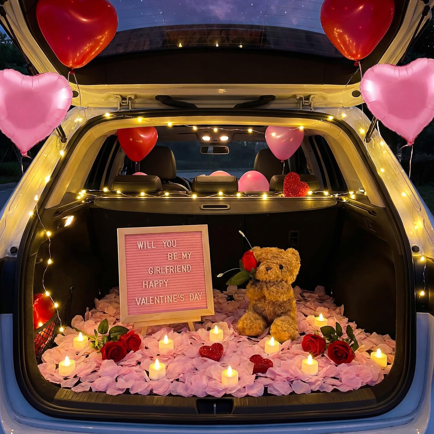 Ceenna Will You Be My Girlfriend Romantic Sign with LED Candles and Artificial Rose Petals, Bear Stuffed Animal Gift with Rose DIY Felt Letter Board Sign for Surprise(Pink)