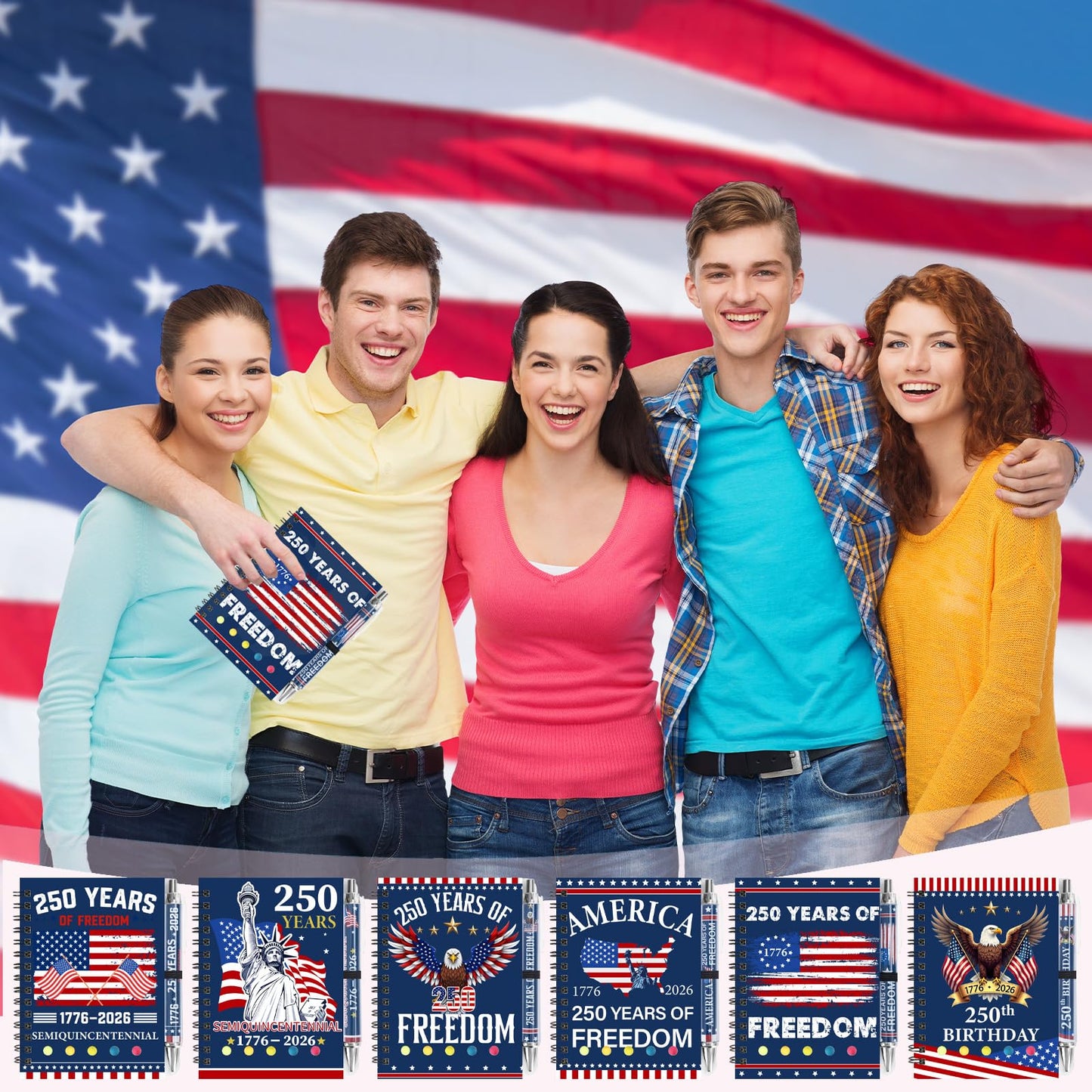 24 Sets/ 48 Pcs 250th Anniversary Spiral Notepads Bulk 4th of July Souvenir Notebooks and Ballpoint Pens Patriotic USA Gifts for 250 Anniversary USA Independence Memorial Day Office Party Supplies