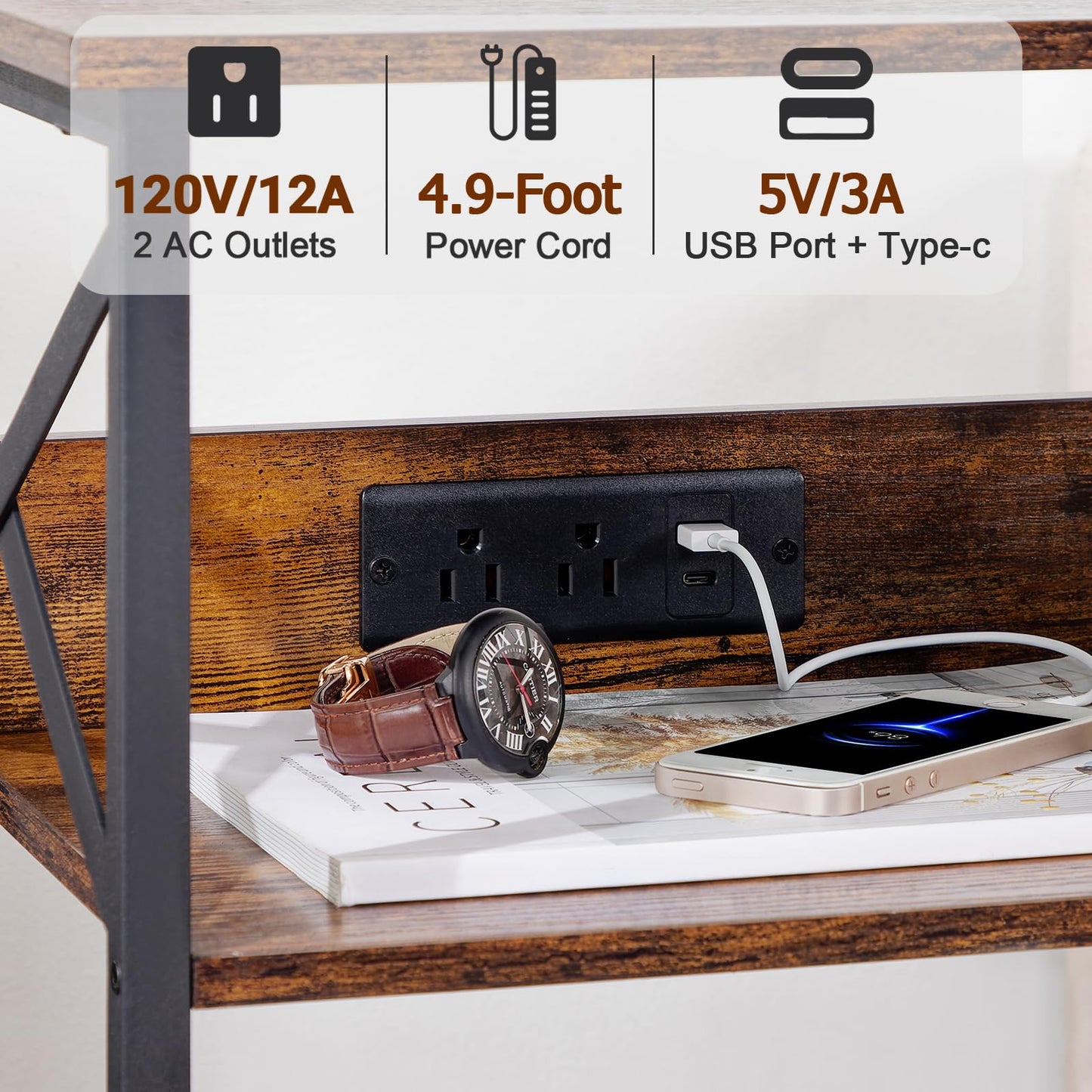 AMHANCIBLE Record Player Stand with Charging Station, Large Turntable Stand with Storage Cabinet, 3 Tier End Table Hold Up to 100 Albums, Record Stand for Vinyl, Living Room, Brown, HETCD012BR-1