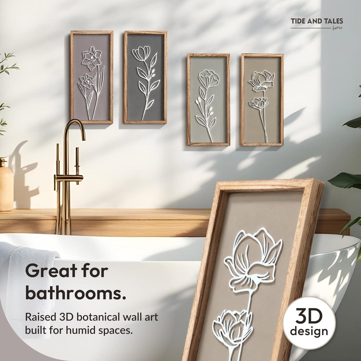 3D Wooden Floral Bathroom Wall Decor (Set of 4) Lightweight, Ready-to-Hang Framed Wall Art For Living Room, Bedroom, or Office - Premium Boho Botanical Farmhouse Decorations - Gift-Boxed