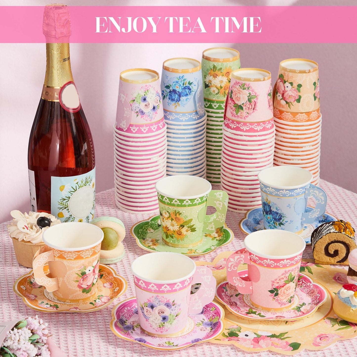 Nuogo 300 Pcs Disposable Tea Party Supplies Vintage Floral Paper Tea Cups with Handle and Plates Napkins Tea Cup and Saucer Set for Birthday Baby Shower Bridal Wedding Mother's Day, Serve 100 Guest