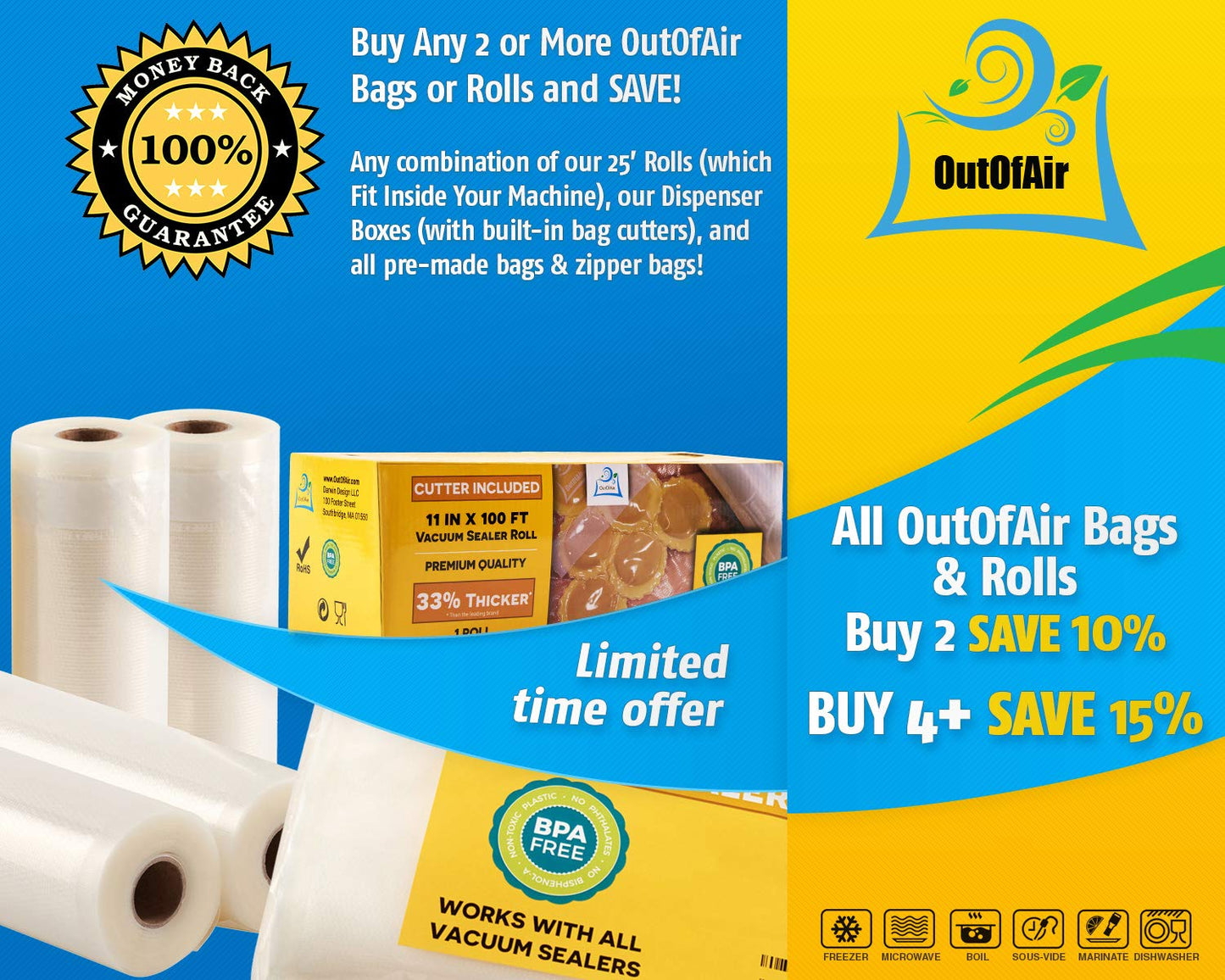 8" x 25' Rolls (Fits Inside Machine) - BULK 8 Pack (200 ft total) OutOfAir Vacuum Sealer Rolls Works With FoodSaver & Other Machines, 33% Thicker BPA Free Sous Vide Commercial Grade Bags