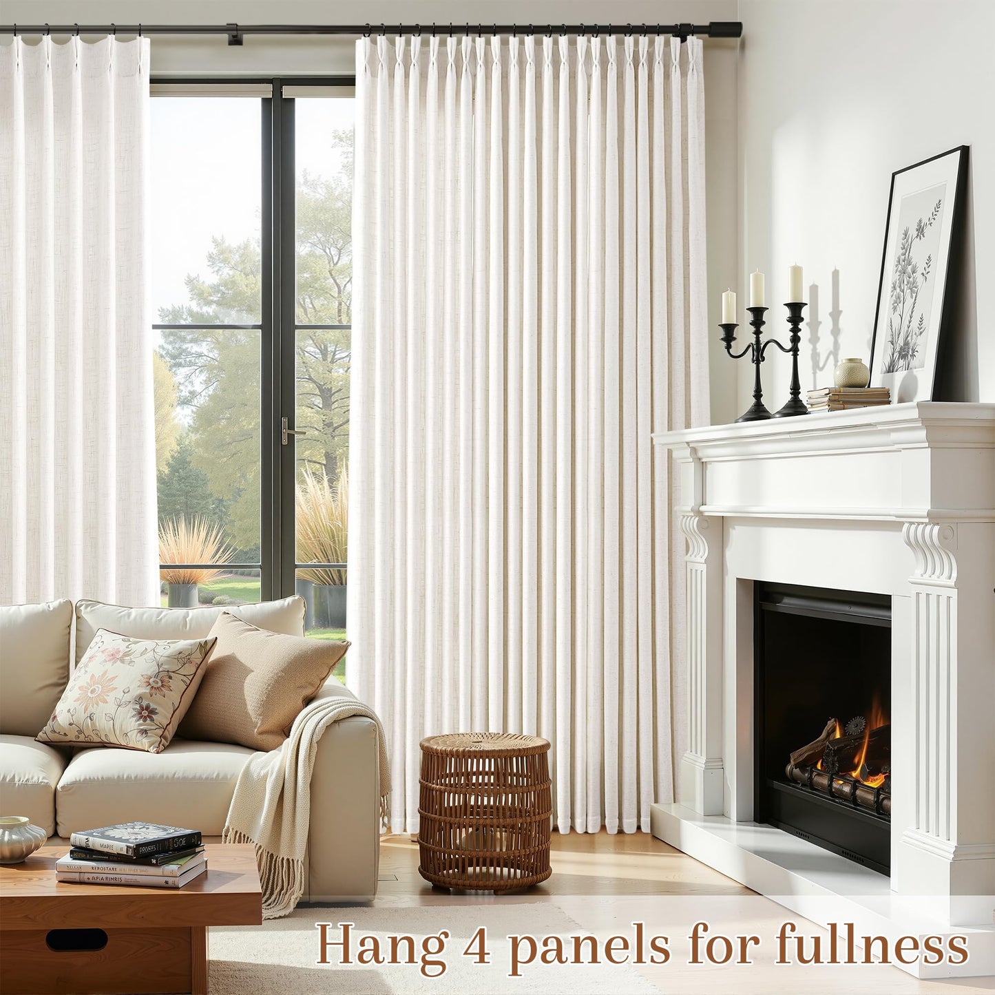 Joywell Linen Pinch Pleated Curtains 84 Inches Long 2 Panels for Living Room Bedroom Natural Cream Thick Boho Back Tab Semi Sheer Light Filtering Window Drapes Clip Rings Hooks Ivory Cream Birch