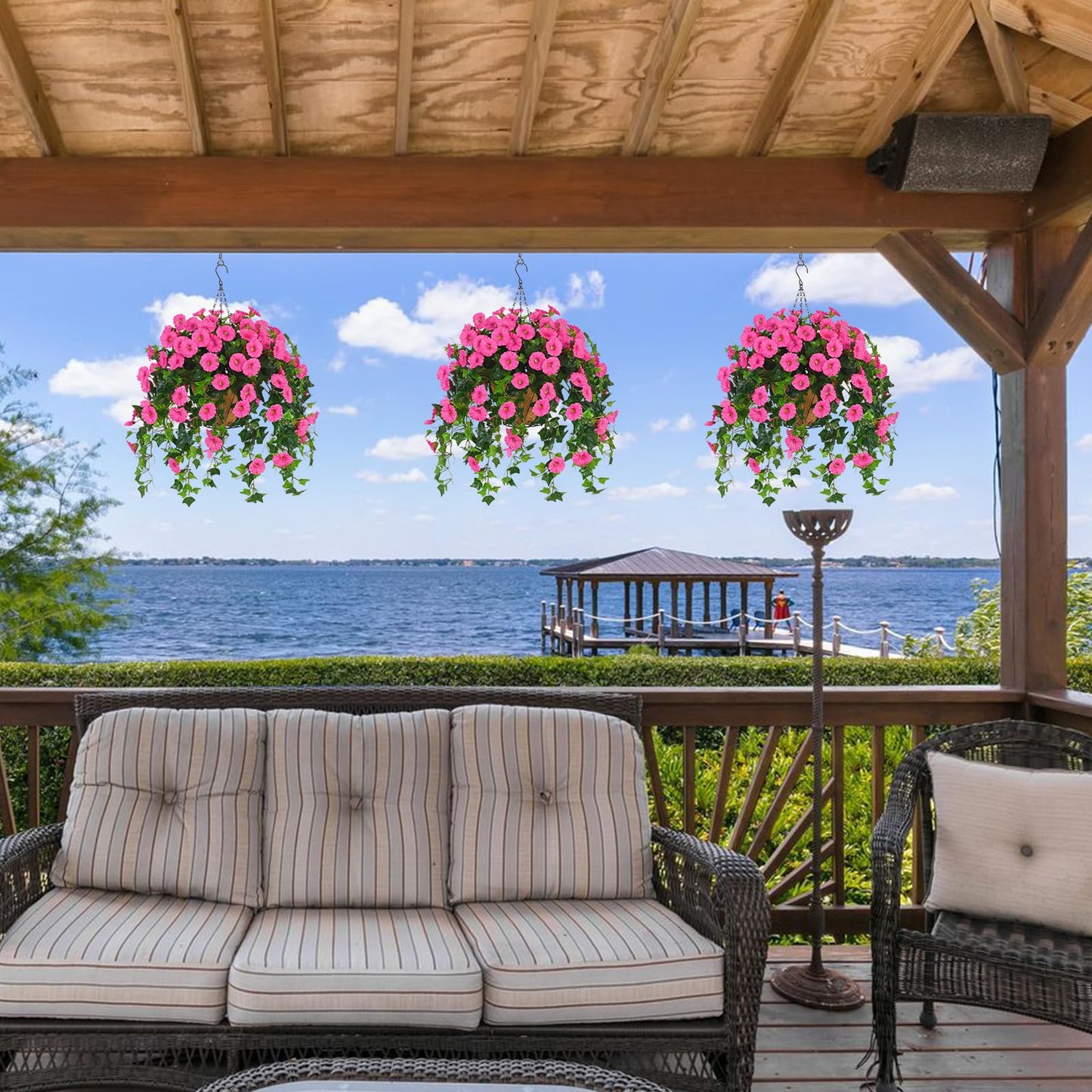 Waipfaru Artificial Hanging Baskets with Flowers, Fake Hanging Plants Outdoors, Urn Fillers for Outside Summer Decor (Fuchsia)