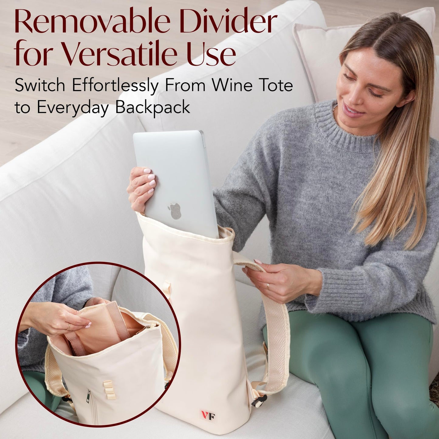VIN FRESCO Two Bottle Rolltop Wine Tote Bag – Stylish PU Leather Backpack with Matching Tumblers – Wine Carrier with Padded Straps and Compartments for Travels & Picnics (Beige)