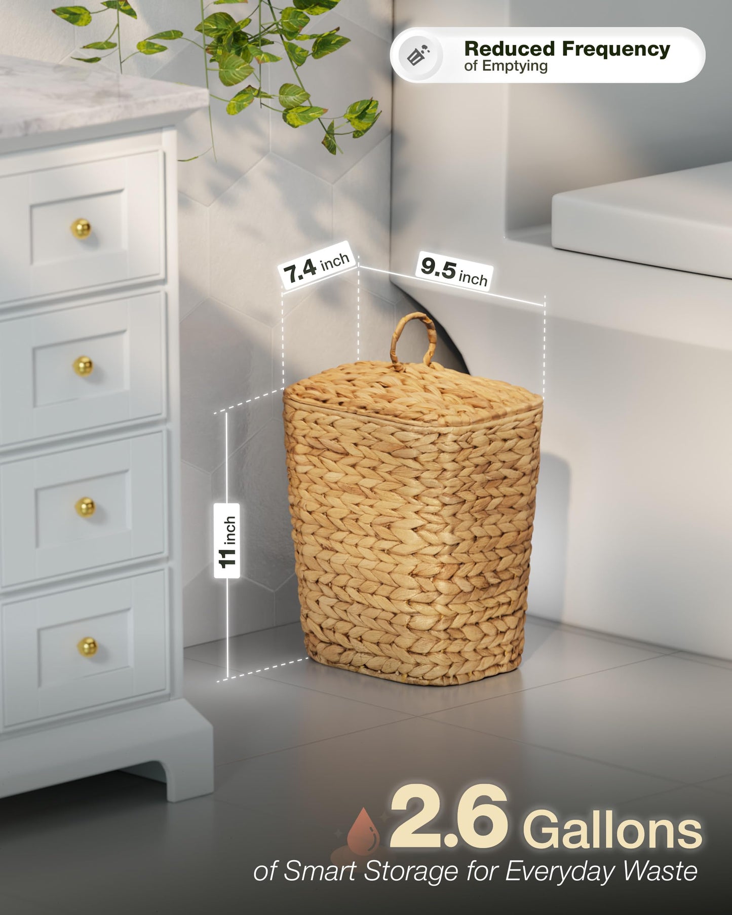 BLUEWEST 2.6 Gallon Wicker Bathroom Trash Can with Lid, Handwoven Rattan Wastebasket with Removable Plastic Inner Bin Decorative Waste Basket for Bedroom, Office, or Kitchen