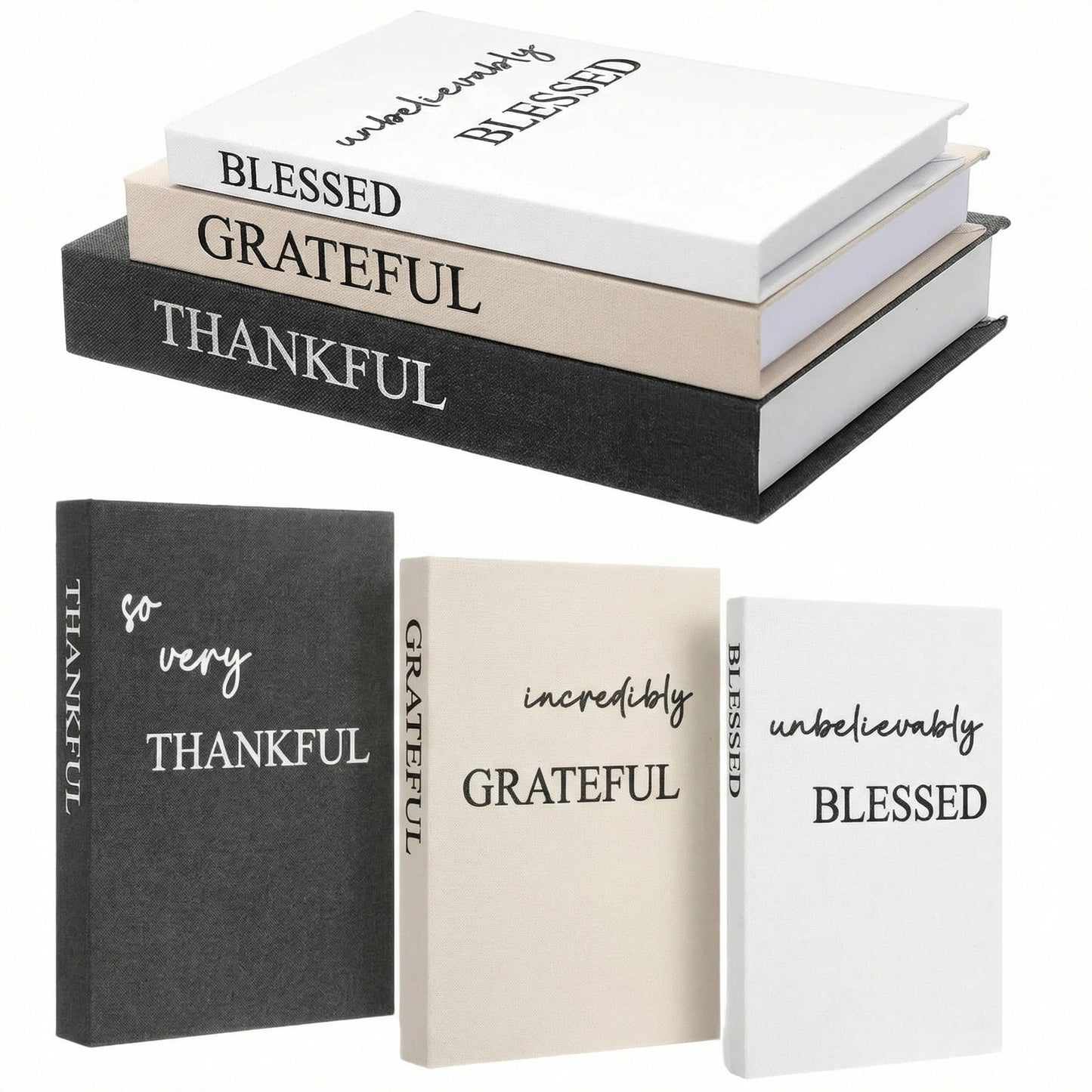 Weysat Set of 3 Thankful Grateful Blessed Decorative Books for Home Decor Linen Faux Books Stacked Neutral Modern Aesthetic Fake Storage Boxes for Coffee Table, Bookshelf or Mantle Display