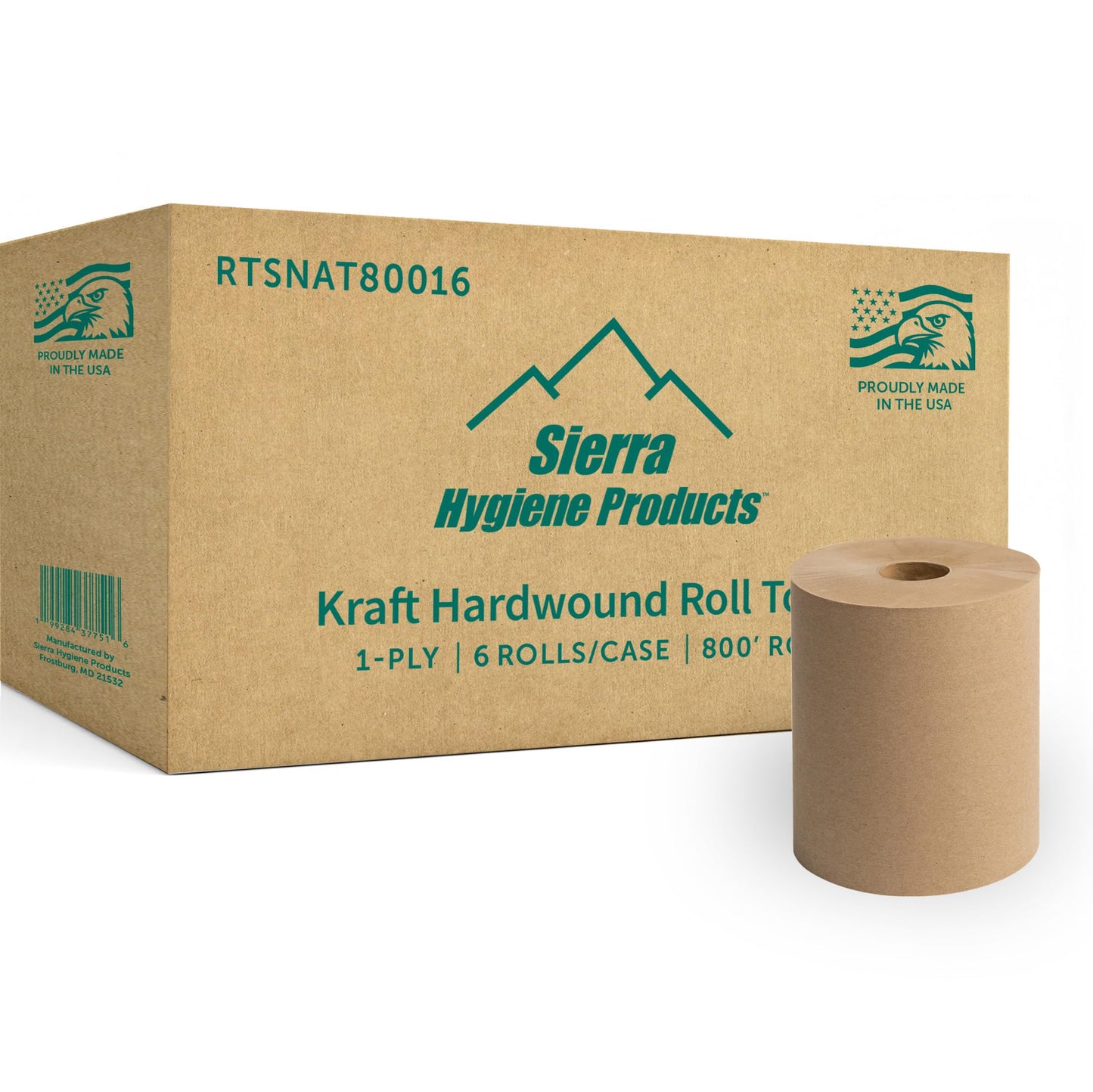 Sierra Hygiene 1-Ply Natural (Kraft) Roll Towels, 8” x 800’, Hardwound Universal Paper Towel Rolls for Commercial Restrooms, Restaurants, Schools & Offices, Case of 6 Rolls, Made in USA