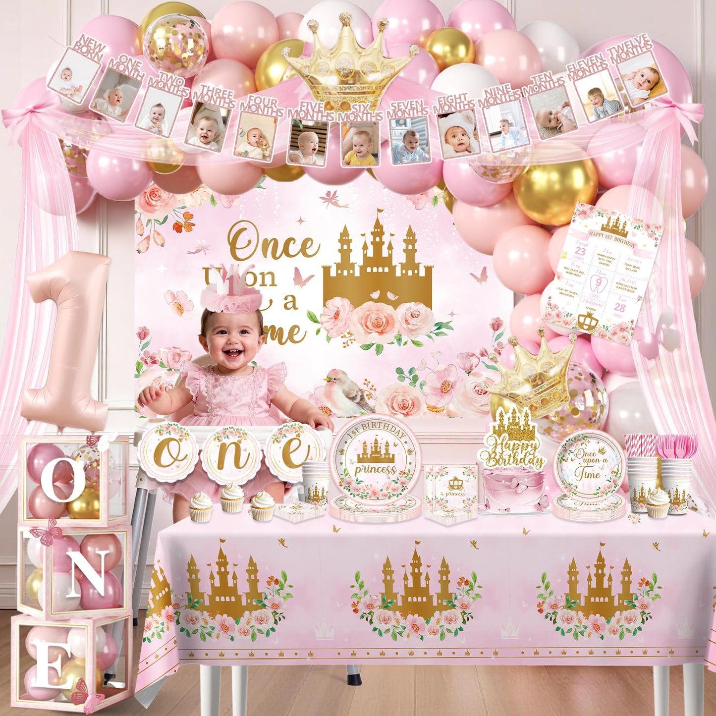 Fexivo 258 PCS Princess First Birthday Decorations, Once Upon A Time Birthday Party Pack Serves 25, with Balloon, Banner, Backdrop, Plates and Napkins, for Girl's First Birthday