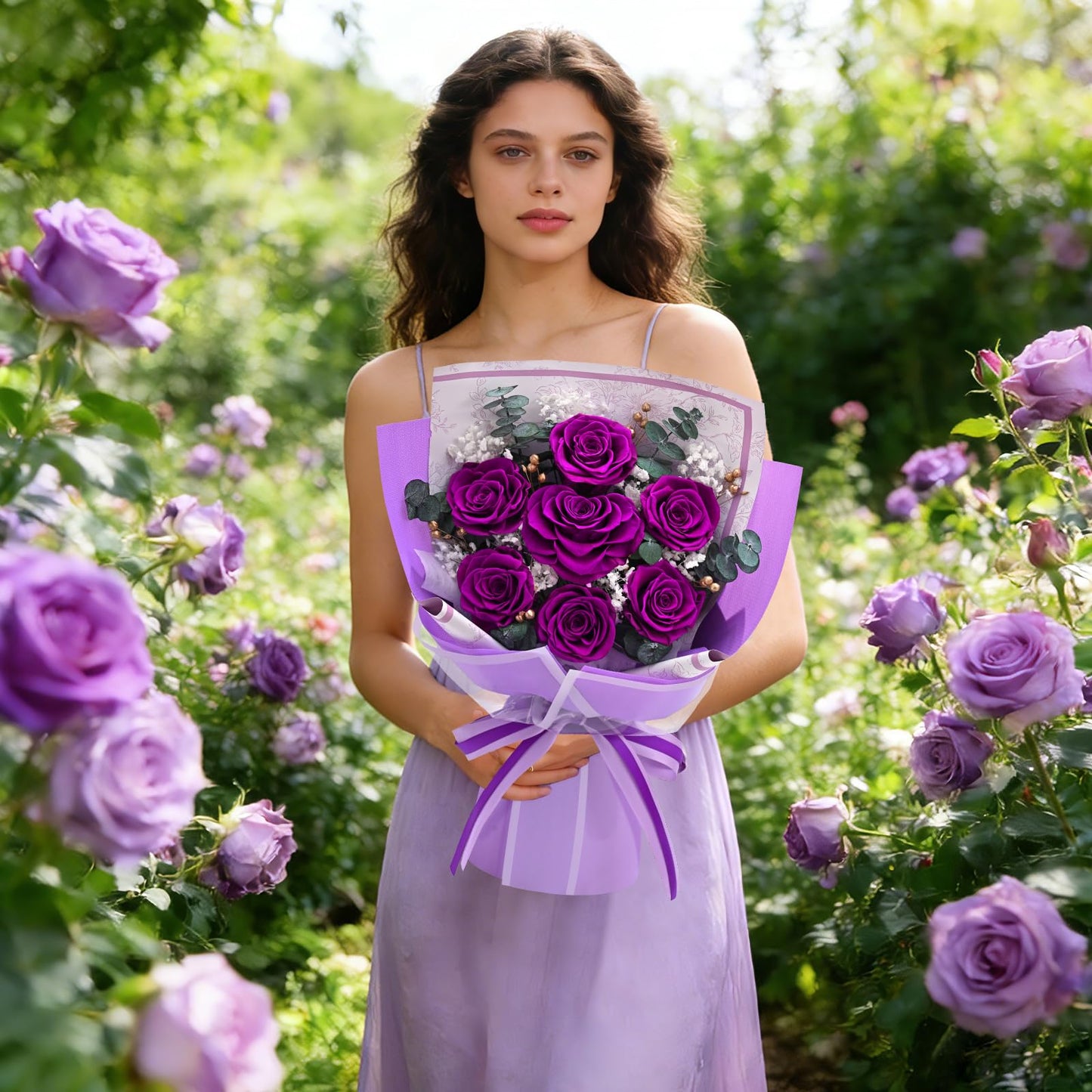 Forever Rose Flowers for Delivery Mothers Day Gifts, 7-Piece Purple Preserved Roses Flowers Bouquet with Vase Gift Box, Long-Lasting Flower Bouquet for Mom Her Women Wife Girlfriend Mothers Day