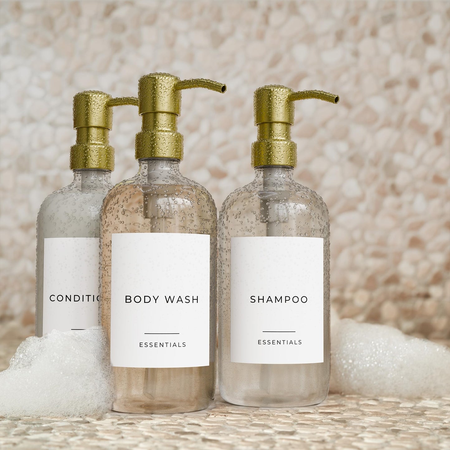 Stylish Shampoo and Conditioner Dispenser Set of 3 - Modern 21oz Shower Soap Bottles with Pump and Labels - Easy to Refill Body Wash Dispensers for an Instant Bathroom Decor Upgrade Clear