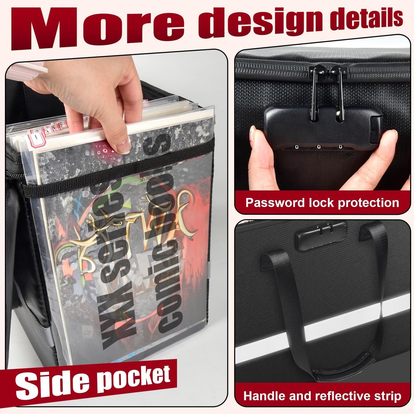 Fireproof Comic Book Storage Box - Holds 140+ Comics, Organizer Kit with 50 Protective Bags, Label Stickers and Catalog, Comic Book Bin with Adjustable Divider, Lock & Reflective Strips (Case Only)