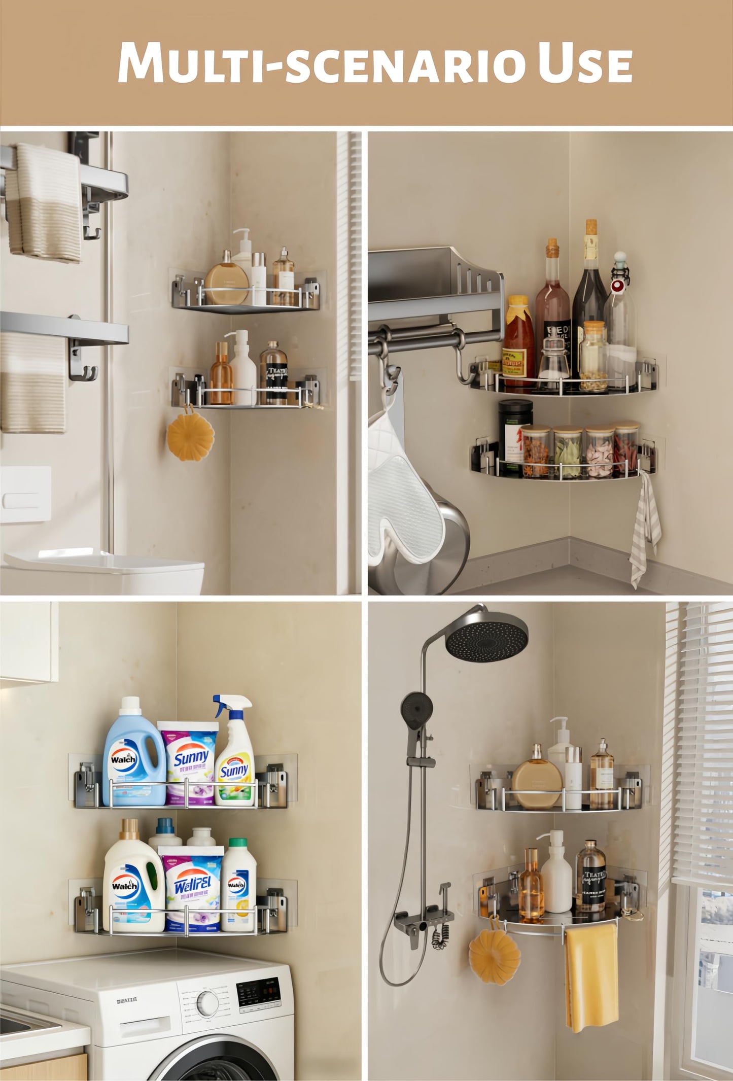 WingChoicE Corner Shower Caddy, Stainless Steel 304, Integrated Molding Bathroom Shelves, Wall Mounted Shower Organizer with Nail Free Adhesive, Suit for Corner Storage Racks in Bath Kitchen(2 Pack)