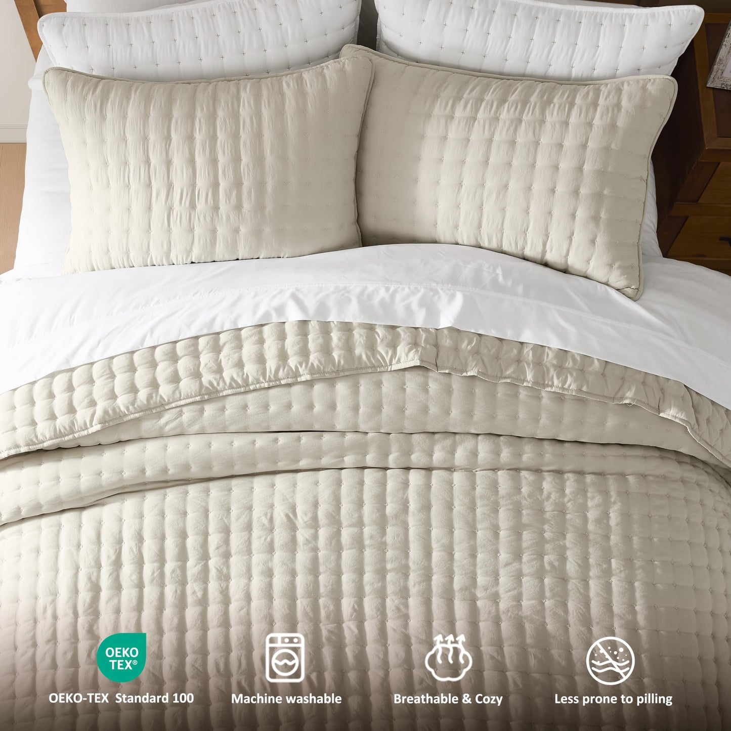 WDCOZY Beige King Size Quilt Bedding Sets with 2 Pillow Shams, Neutral Lightweight Soft Bedspread Coverlet, Quilted Blanket Thin Comforter Bed Cover for All Season, 3 Pieces, 104x90 inches