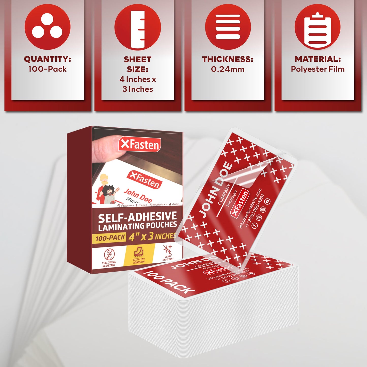 XFasten Self Seal Laminating Pouches Business Card Size 4-Inch x 3-Inch 100-Pack, 10 Mil Business Card Laminating Pouches Non-Yellowing Self Sealing Laminating Sheets Business Card Size