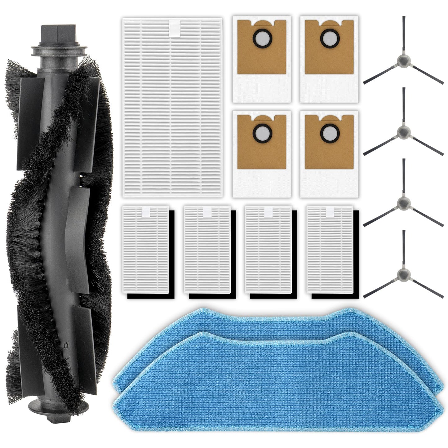 (16 Pack) M2 Pro Replacement Parts for Lefant M2 Pro/ M2S Pro Robot Vacuum, 1 Roller Brush, 4 Side Brushes, 4 HEPA Filters with Foam Filters, 2 Mop Pads, 4 Dust Bags, 1 HEPA Filter for Base Station