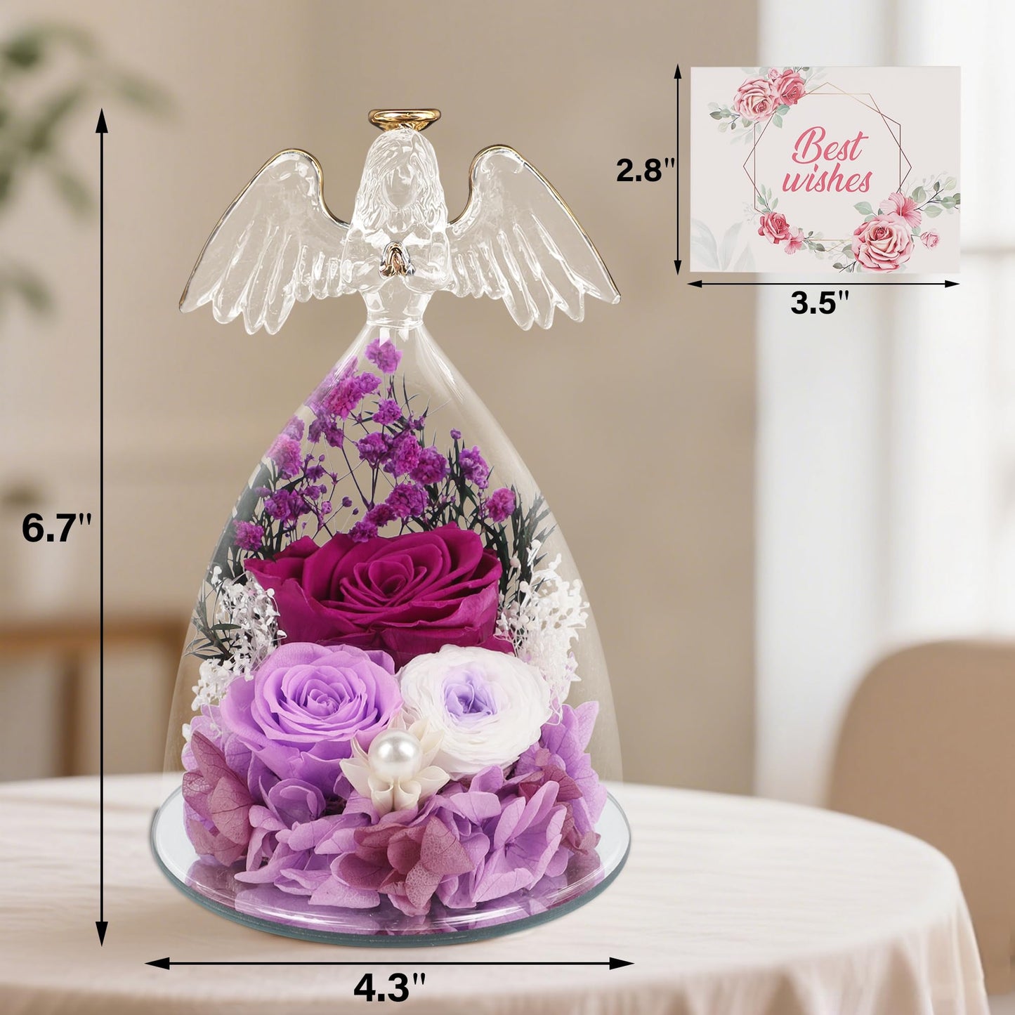 YOFIT Gifts for Women Mom Mother's Day-Preserved Roses in Glass Angel Figurine, Forever Fresh Flowers for Her Grandma, Gifts for Valentines Birthday (Purple, Lights)