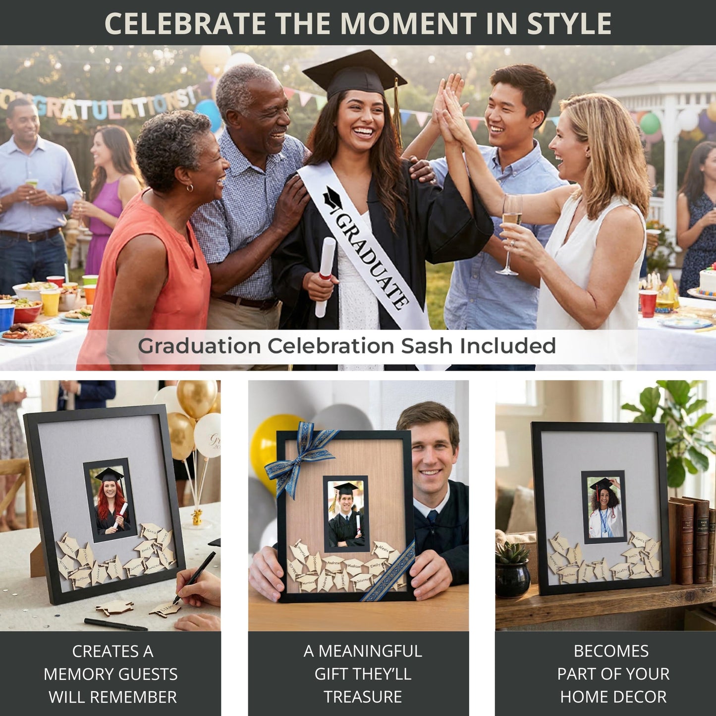 Graduation Guest Book 2026 – Wooden Cap Drop Frame Guestbook for Graduation Party with Wooden Grad Caps, Photo Slot & Pen, Grad Guest Book, Graduation Sign in Book, Graduation Book to Sign, Grad Party