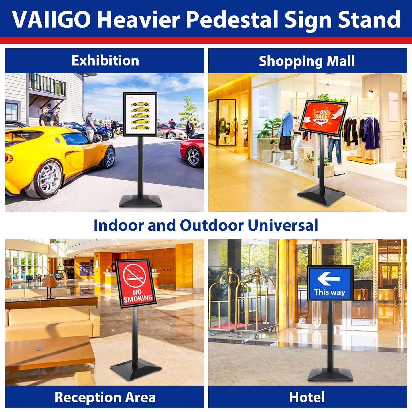 VAIIGO Pedestal Sign holder Stand 8.5x11inch Adjustable Standing Floor Sign Stand with Heavy Base & Snap Frame Display Stand for Indoor Outdoor Business Store Sign Holder Poster Stand (Black)