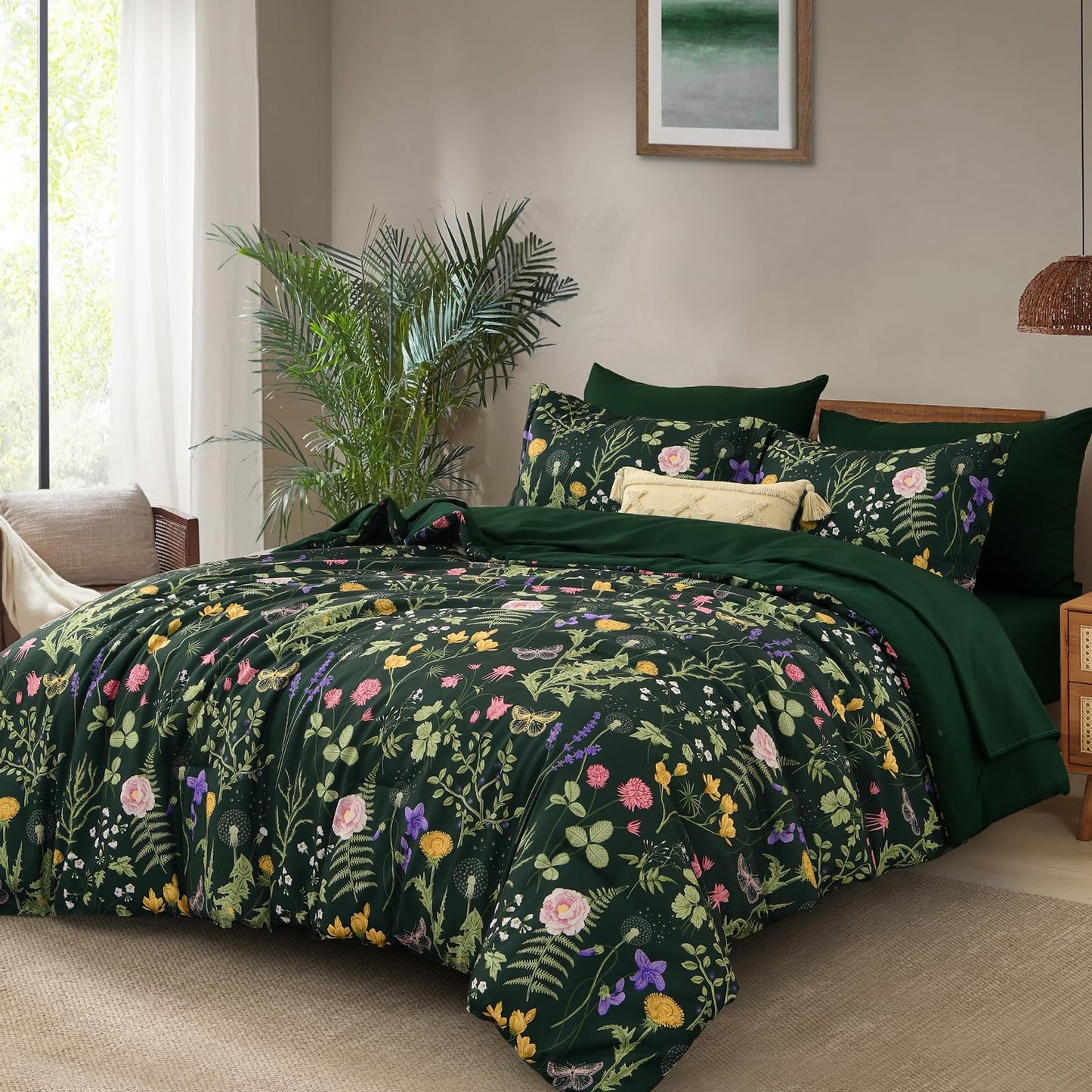 Yiran King Size Comforter Set 7 Piece, Dark Green Floral Bedding Set, Bed in a Bag King with Botanical Flowers Pattern, Soft Microfiber Complete Bedding Set with Sheets for All Season